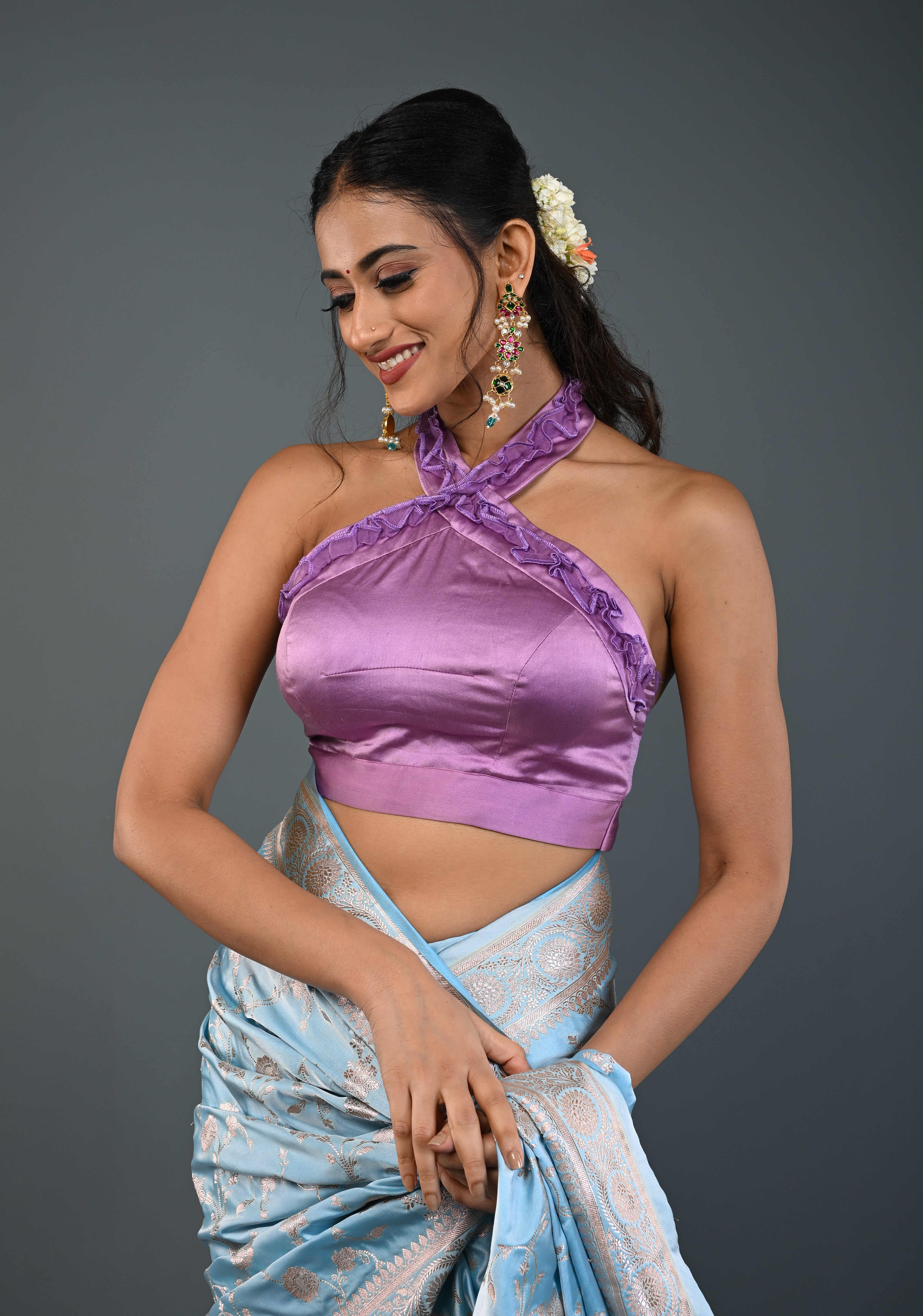Lilac Satin Blouse with Halter Neck and Ruched Organza Detailing , Customizable, Made to Order | Shobitam