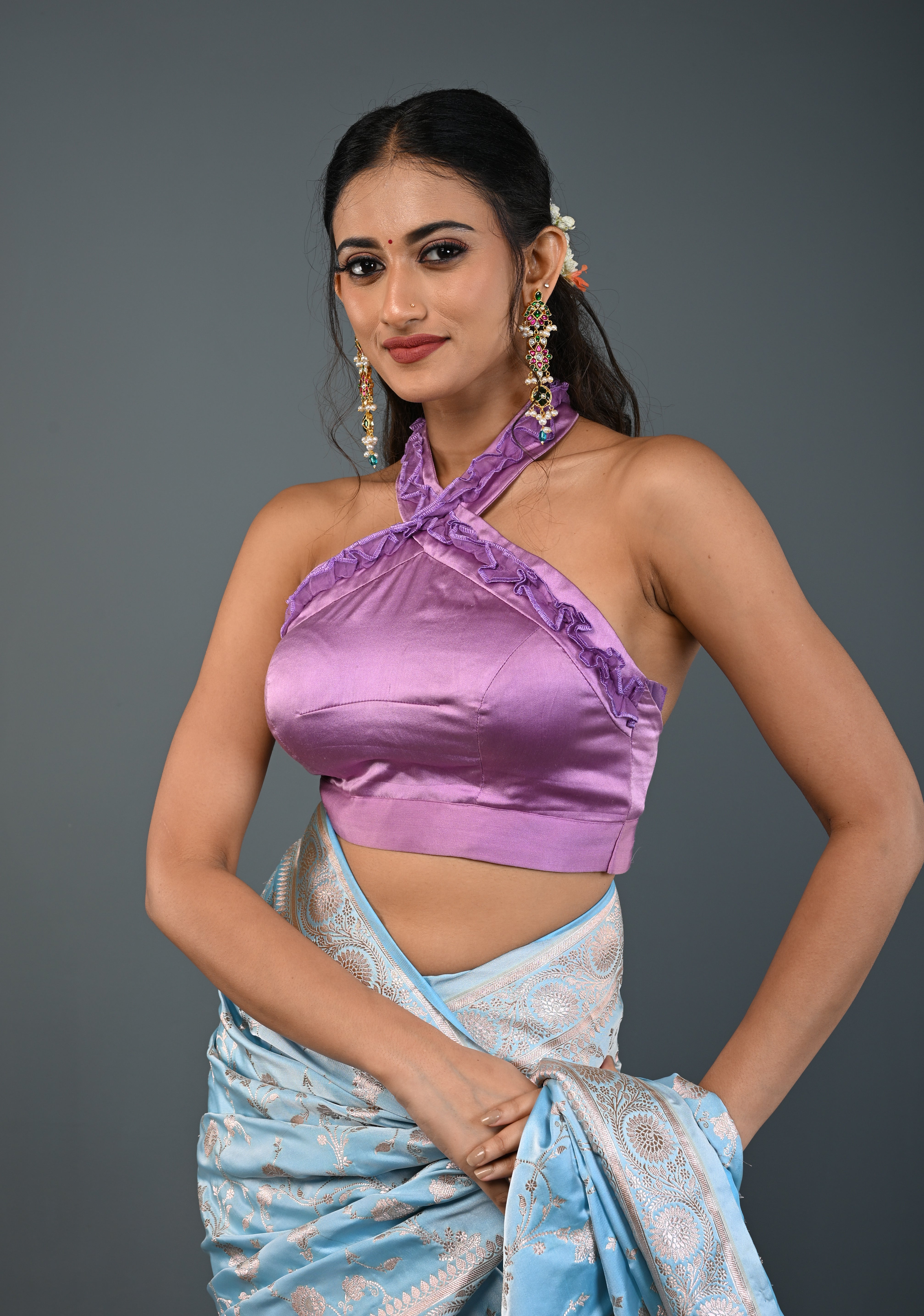 Lilac Satin Blouse with Halter Neck and Ruched Organza Detailing , Customizable, Made to Order | Shobitam