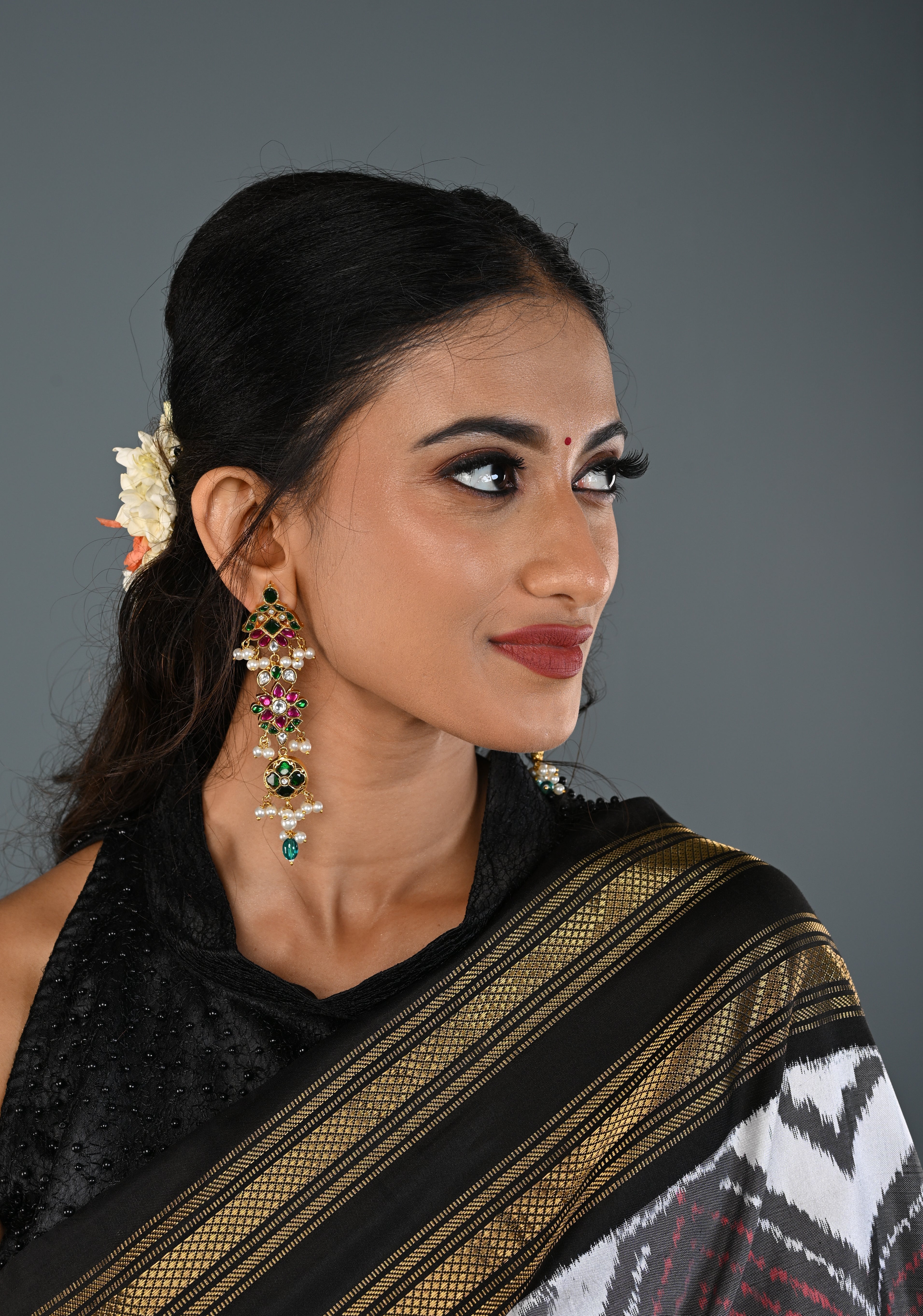 Ahmedabadi Jadau  Statement of Intricate Kundan Floral Design Earrings Dangling Pearls | SHOBITAM