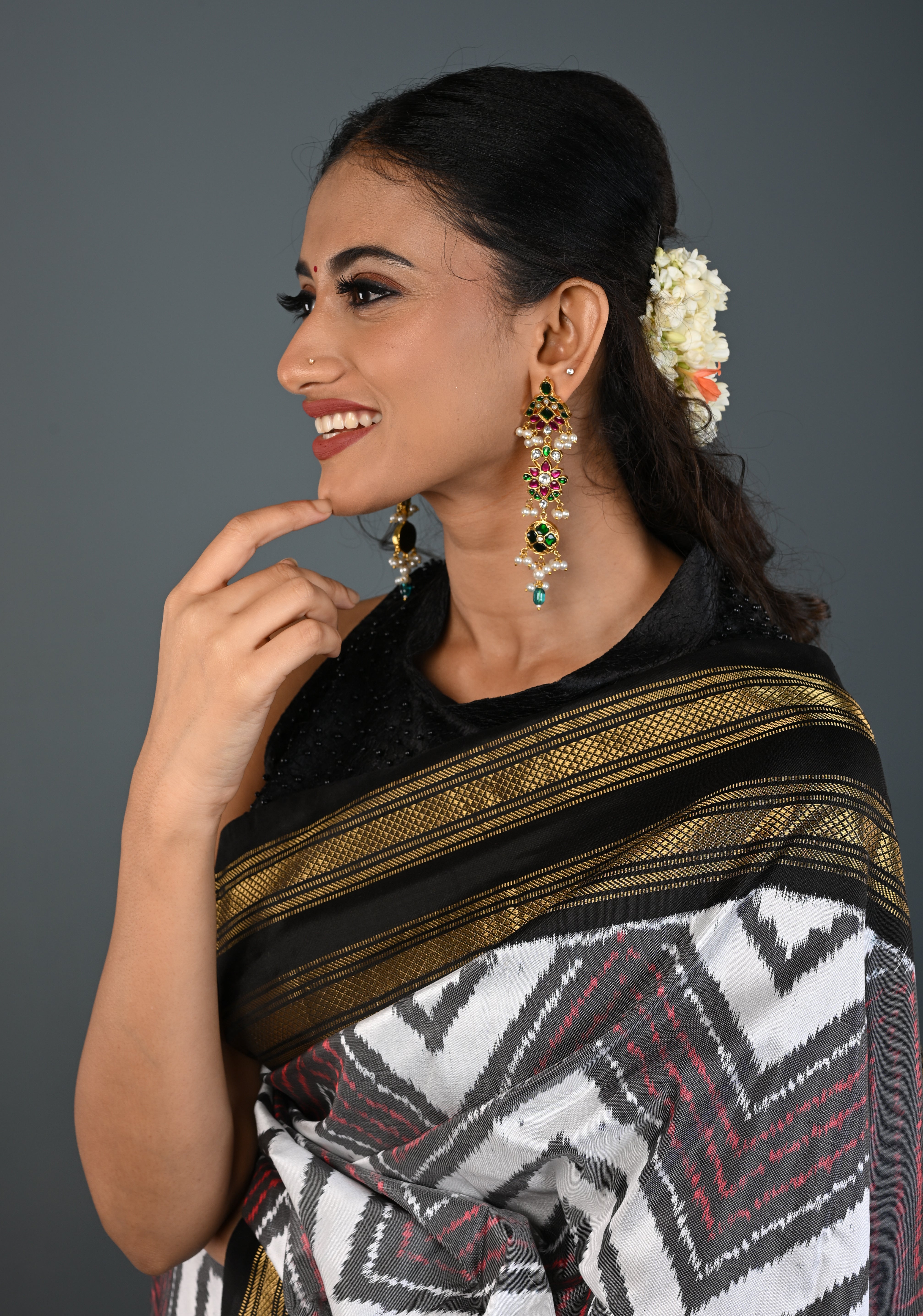 Ahmedabadi Jadau  Statement of Intricate Kundan Floral Design Earrings Dangling Pearls | SHOBITAM