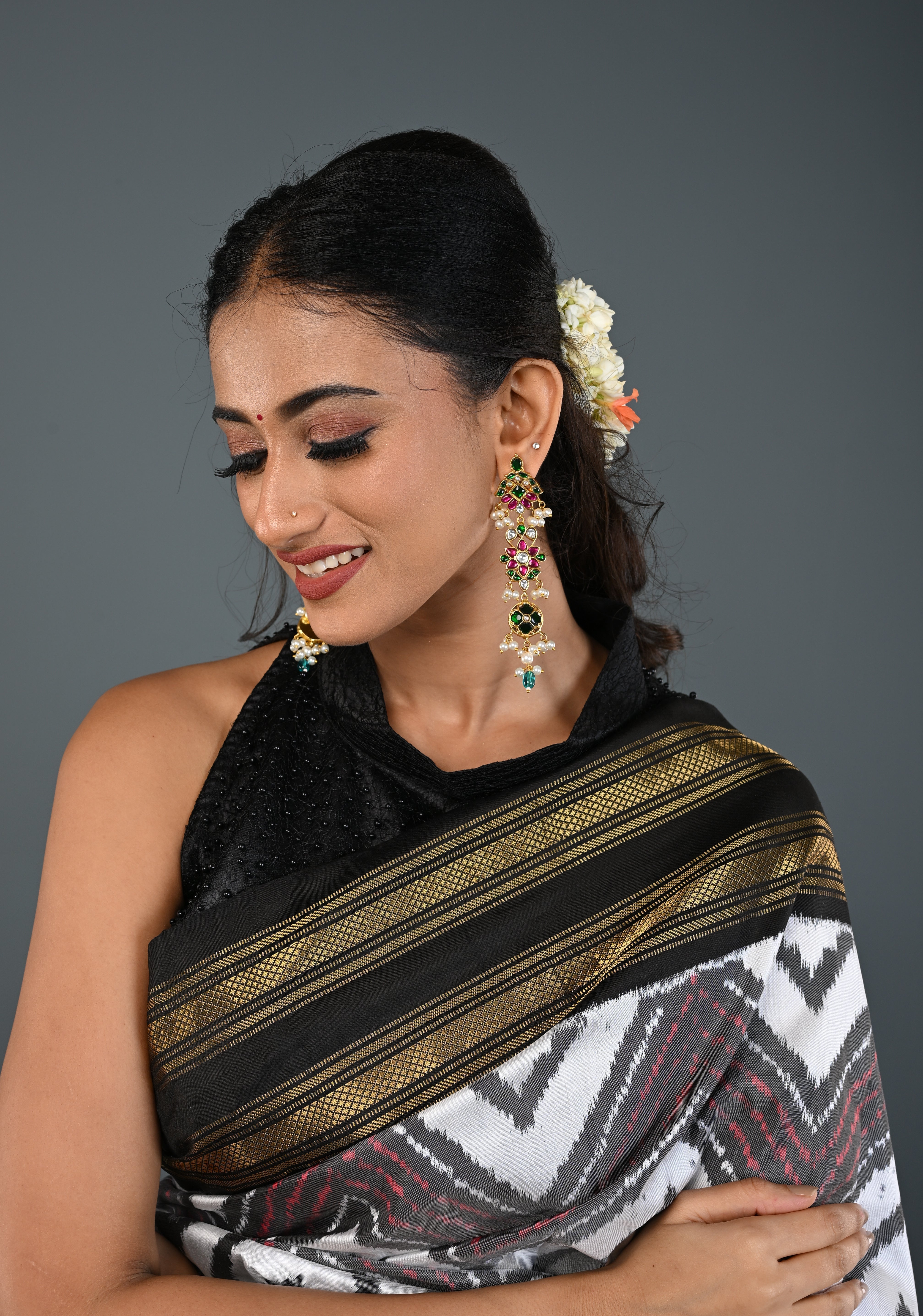 Ahmedabadi Jadau  Statement of Intricate Kundan Floral Design Earrings Dangling Pearls | SHOBITAM