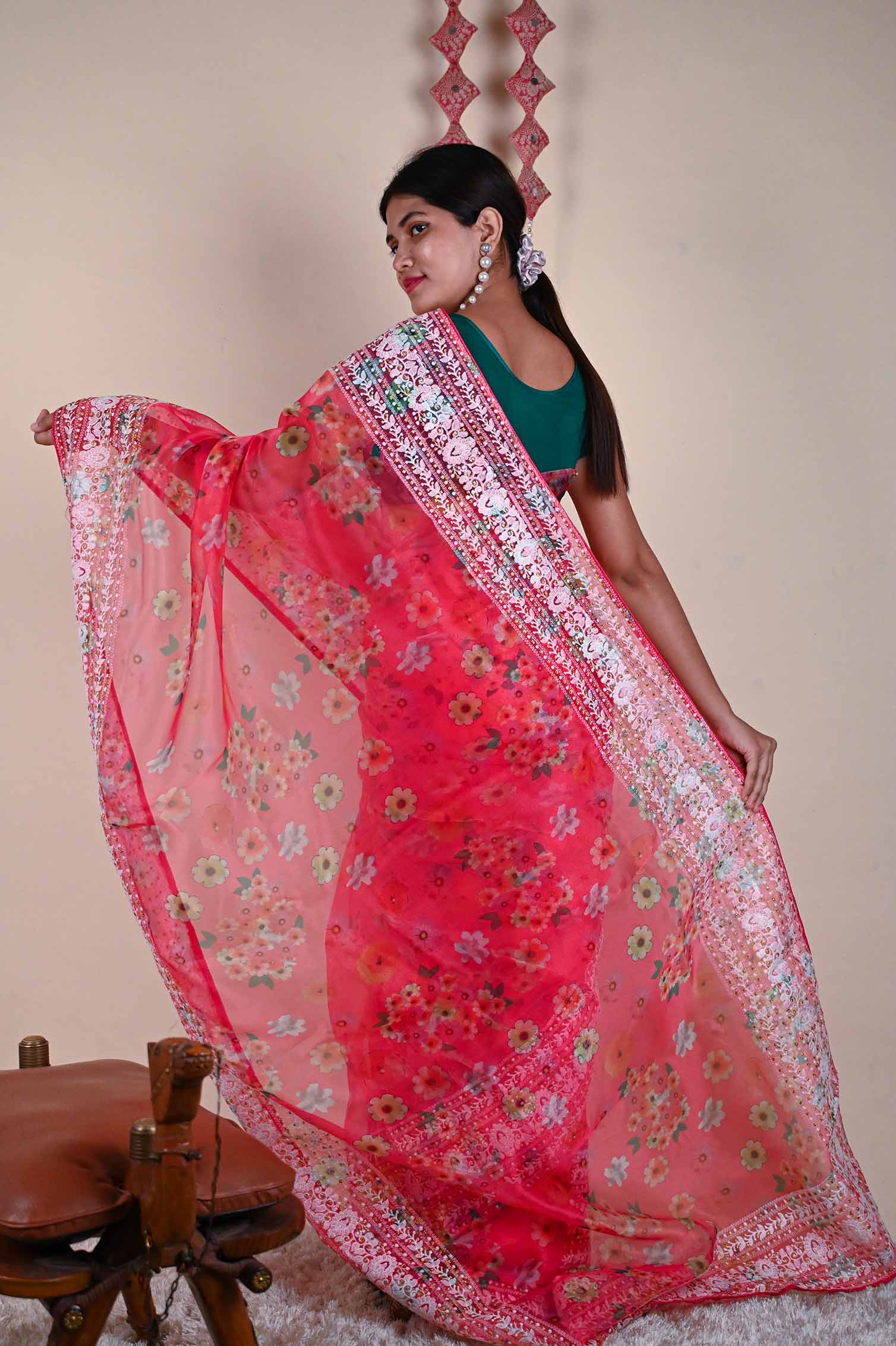 Pink Floral Embroidered Organza Wrap in 1 minute saree - Isadora Life