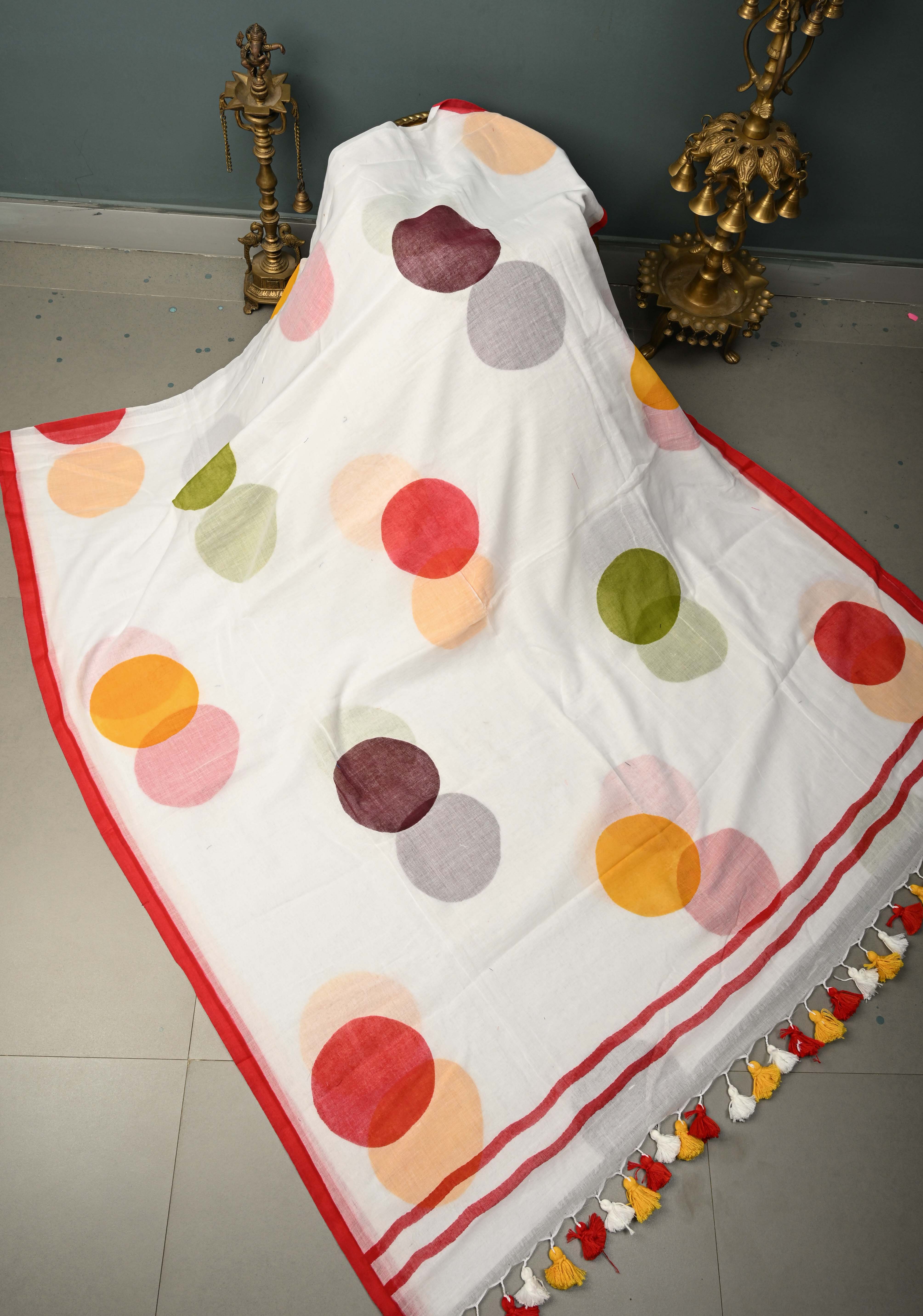 Ivory Mulmul Cotton Saree with Hand Painted Circle Buttas and Multihue Tassels, No Blouse Piece |Shobitam