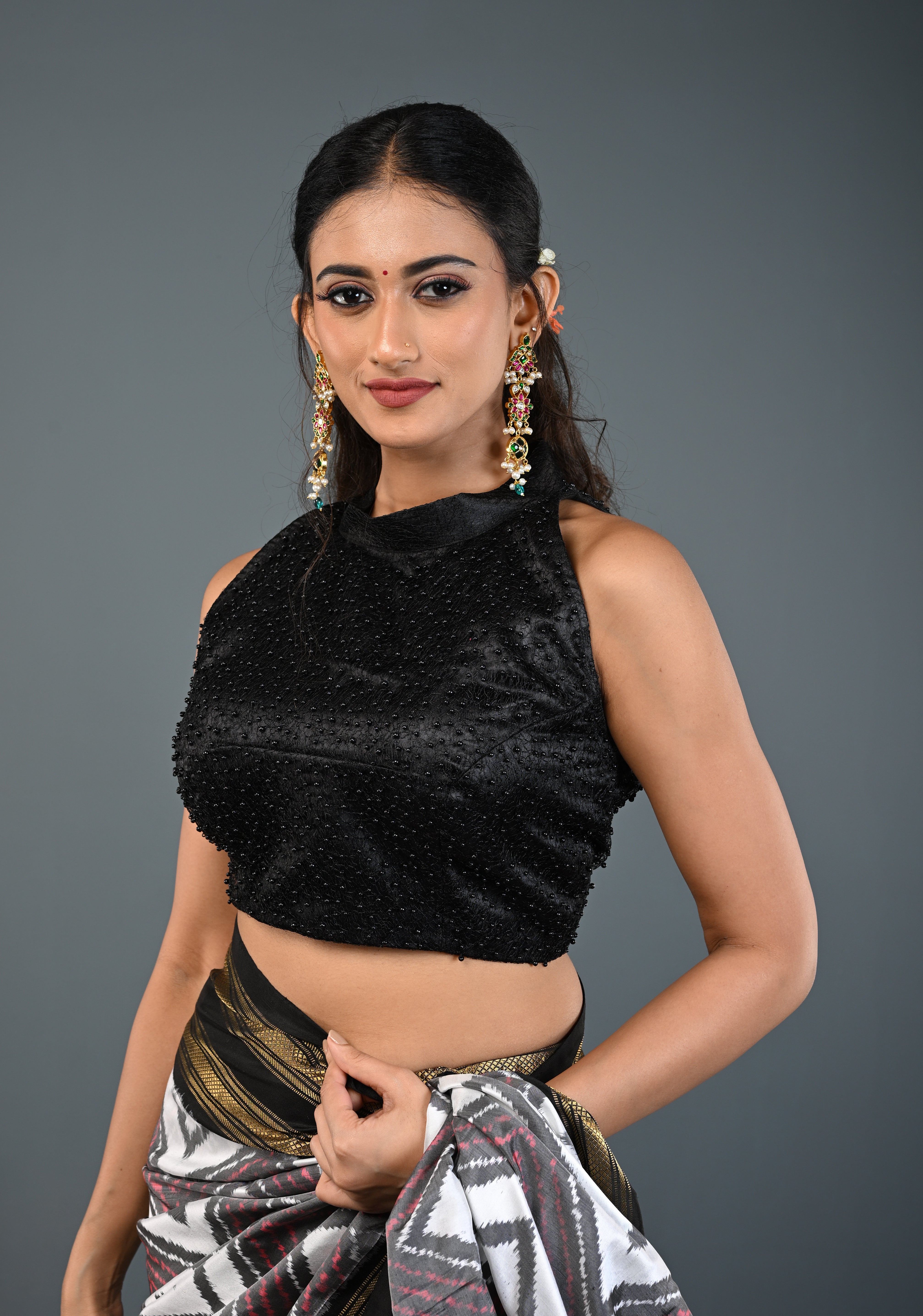 Black Beads on Net Unique Blouse with Halter Neck , Customizable, Made to Order | Shobitam
