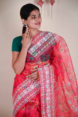 Pink Floral Embroidered Organza Wrap in 1 minute saree - Isadora Life