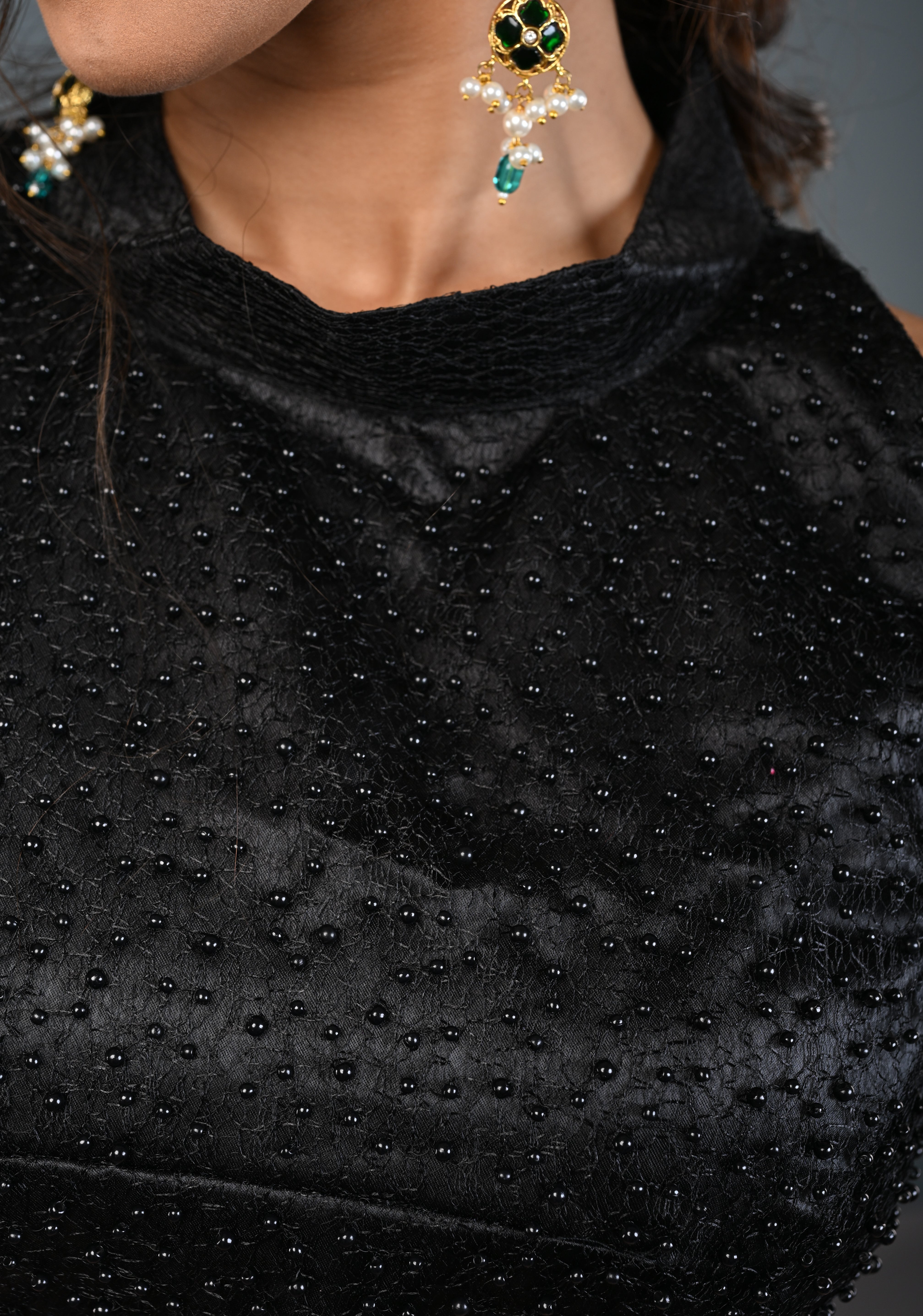 Black Beads on Net Unique Blouse with Halter Neck , Customizable, Made to Order | Shobitam