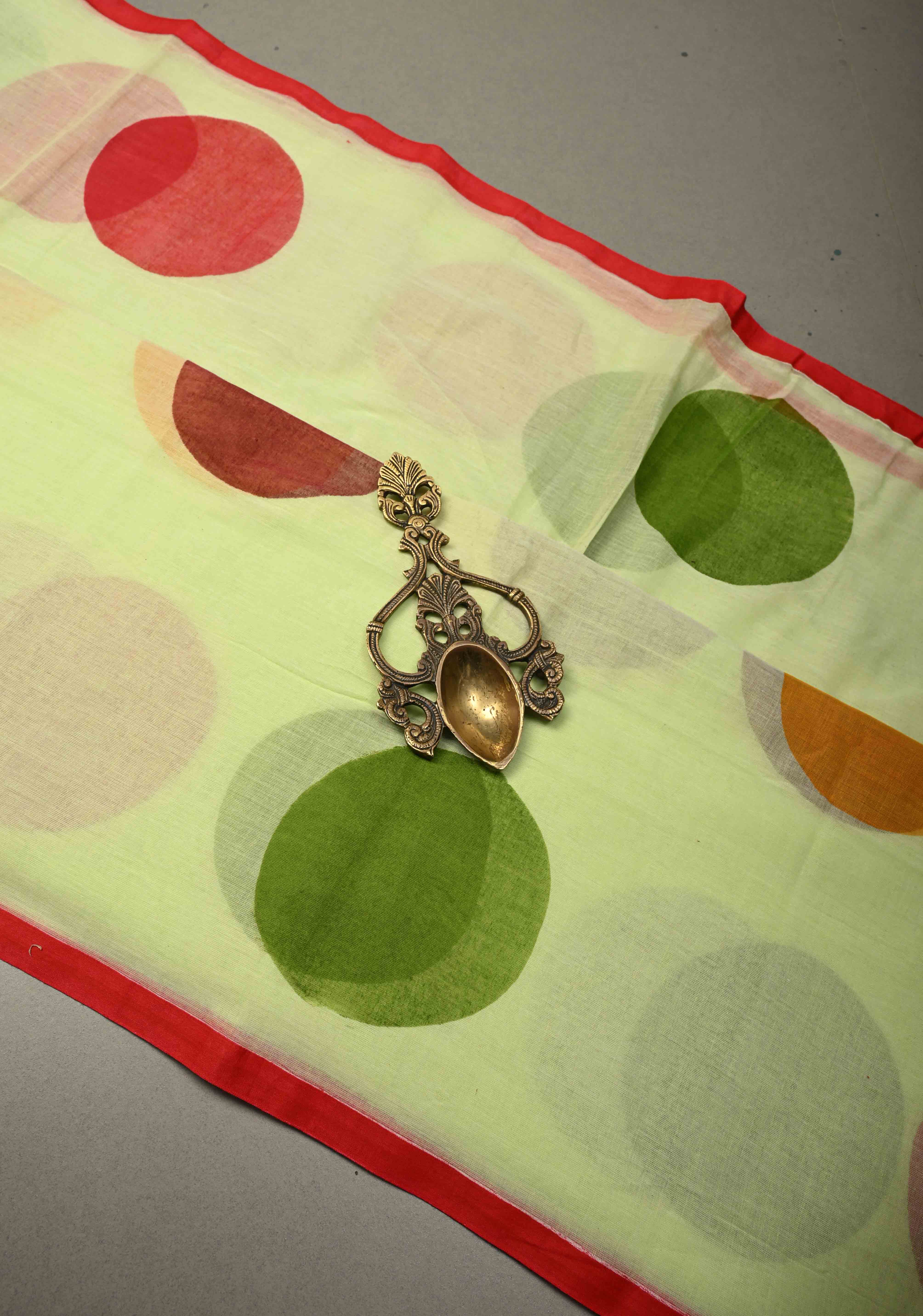 Tea Green Mulmul Cotton Saree with Hand Painted Circle Buttas and Multihue Tassels, No Blouse Piece |Shobitam