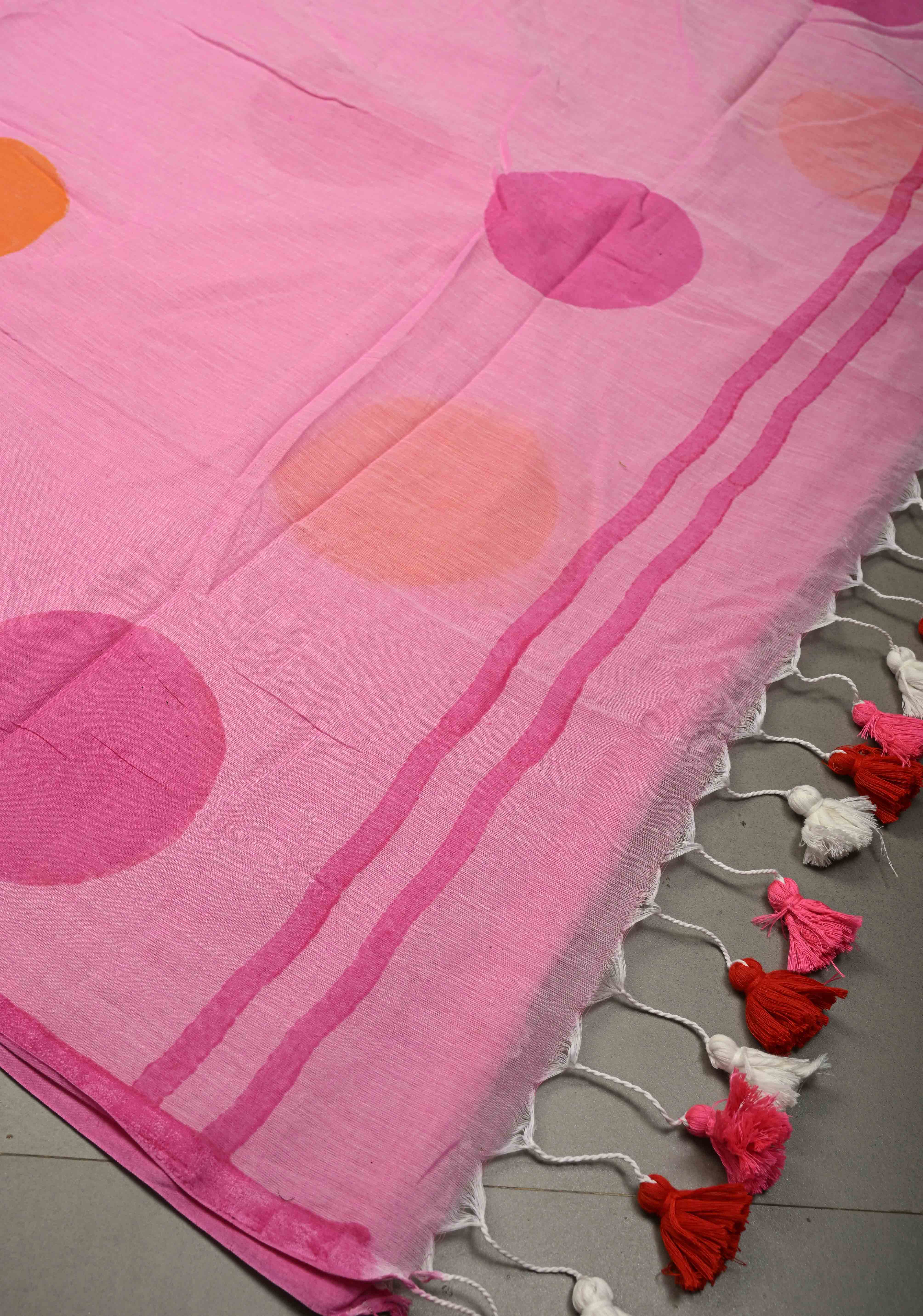 Rose Pink Mulmul Cotton Saree with Hand Painted Circle Buttas and Multihue Tassels, No Blouse Piece |Shobitam