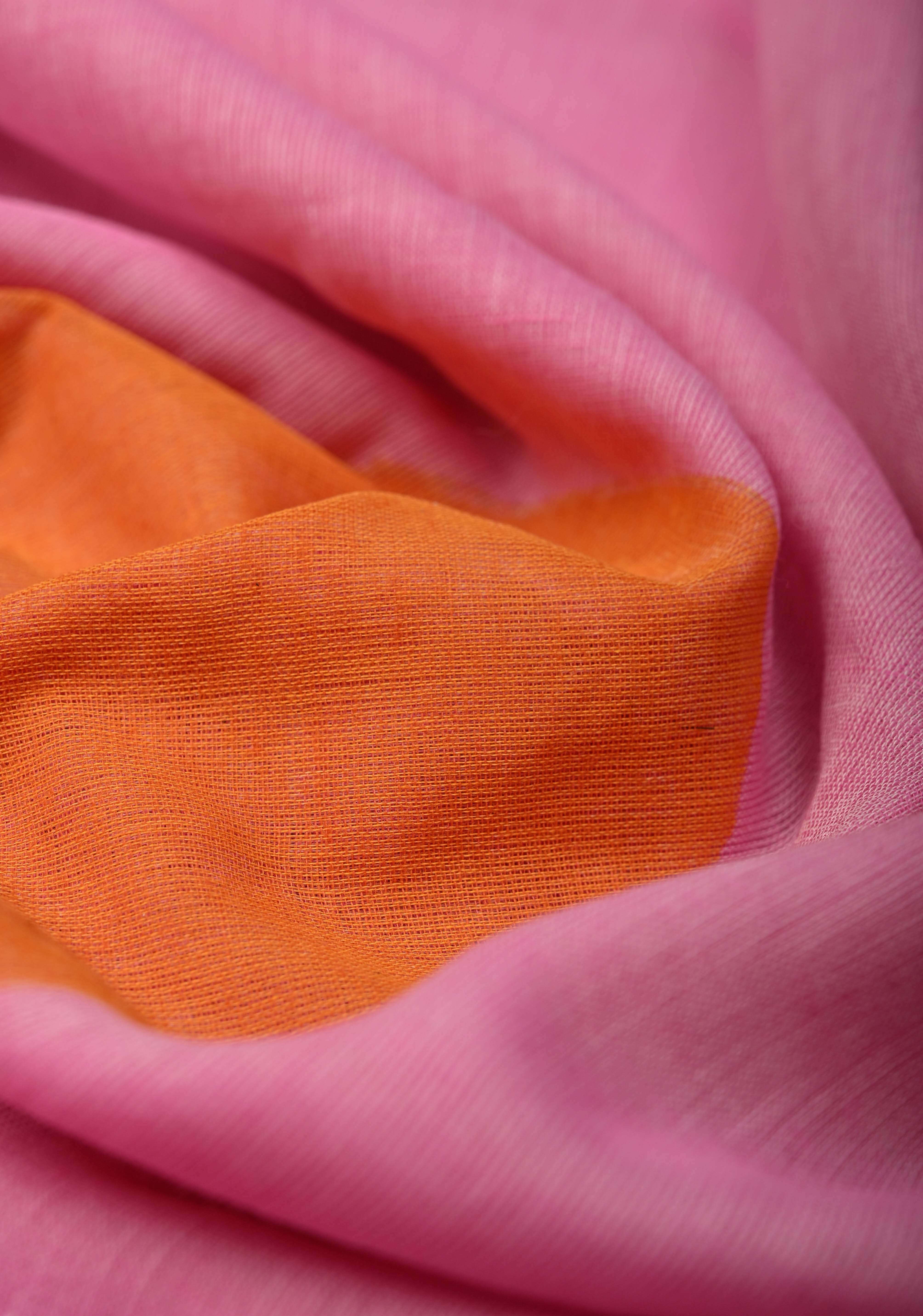 Rose Pink Mulmul Cotton Saree with Hand Painted Circle Buttas and Multihue Tassels, No Blouse Piece |Shobitam