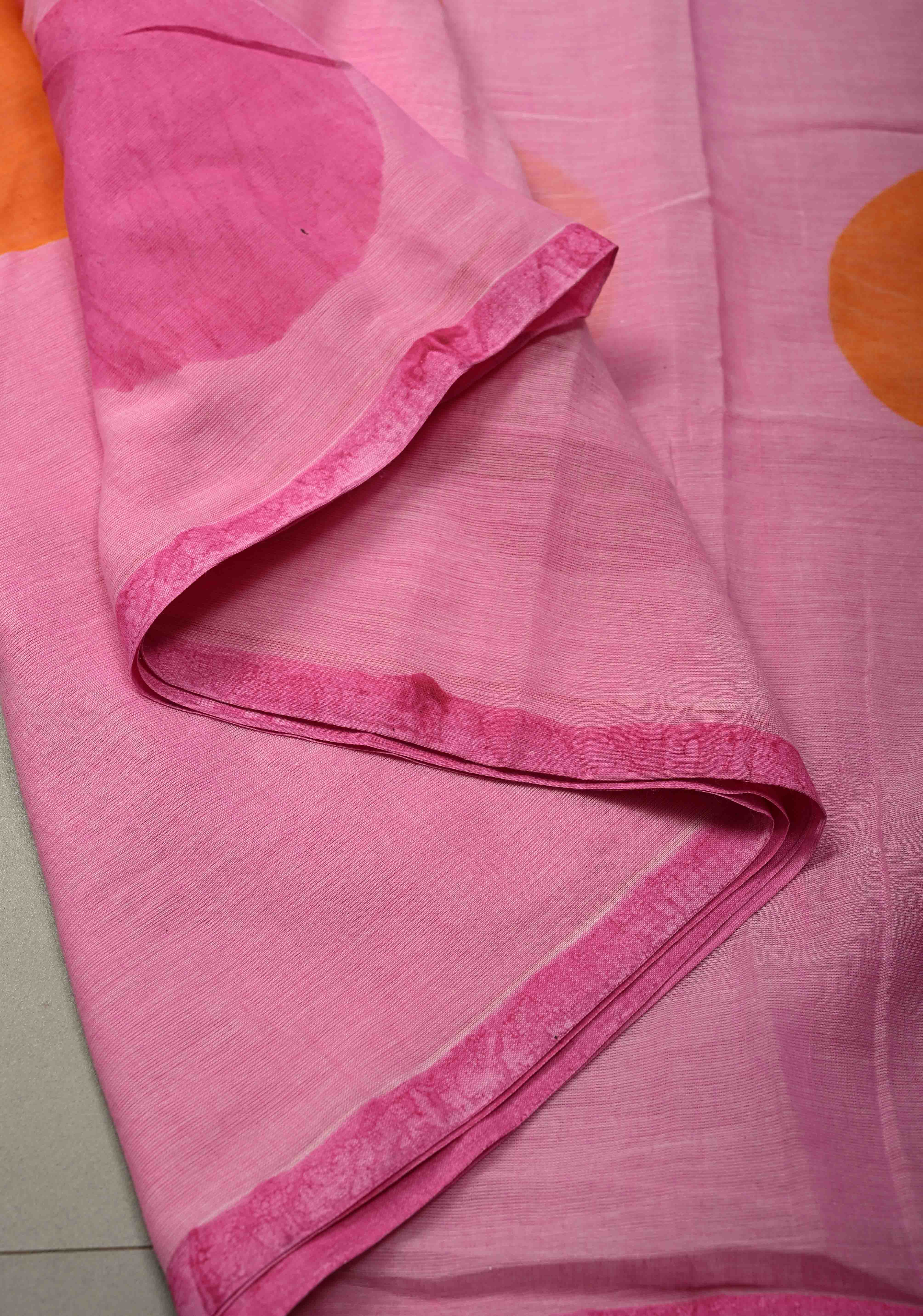 Rose Pink Mulmul Cotton Saree with Hand Painted Circle Buttas and Multihue Tassels, No Blouse Piece |Shobitam
