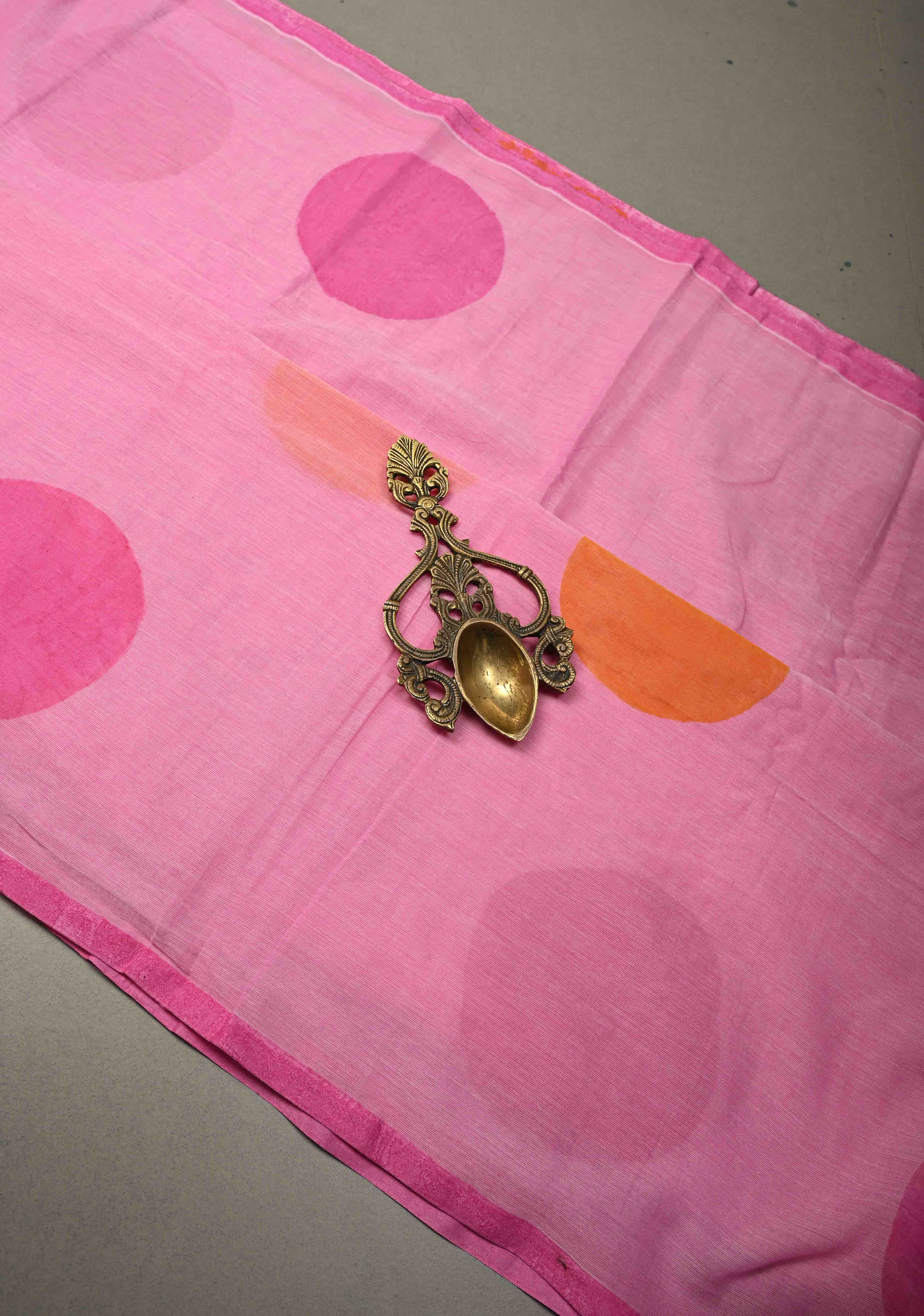 Rose Pink Mulmul Cotton Saree with Hand Painted Circle Buttas and Multihue Tassels, No Blouse Piece |Shobitam