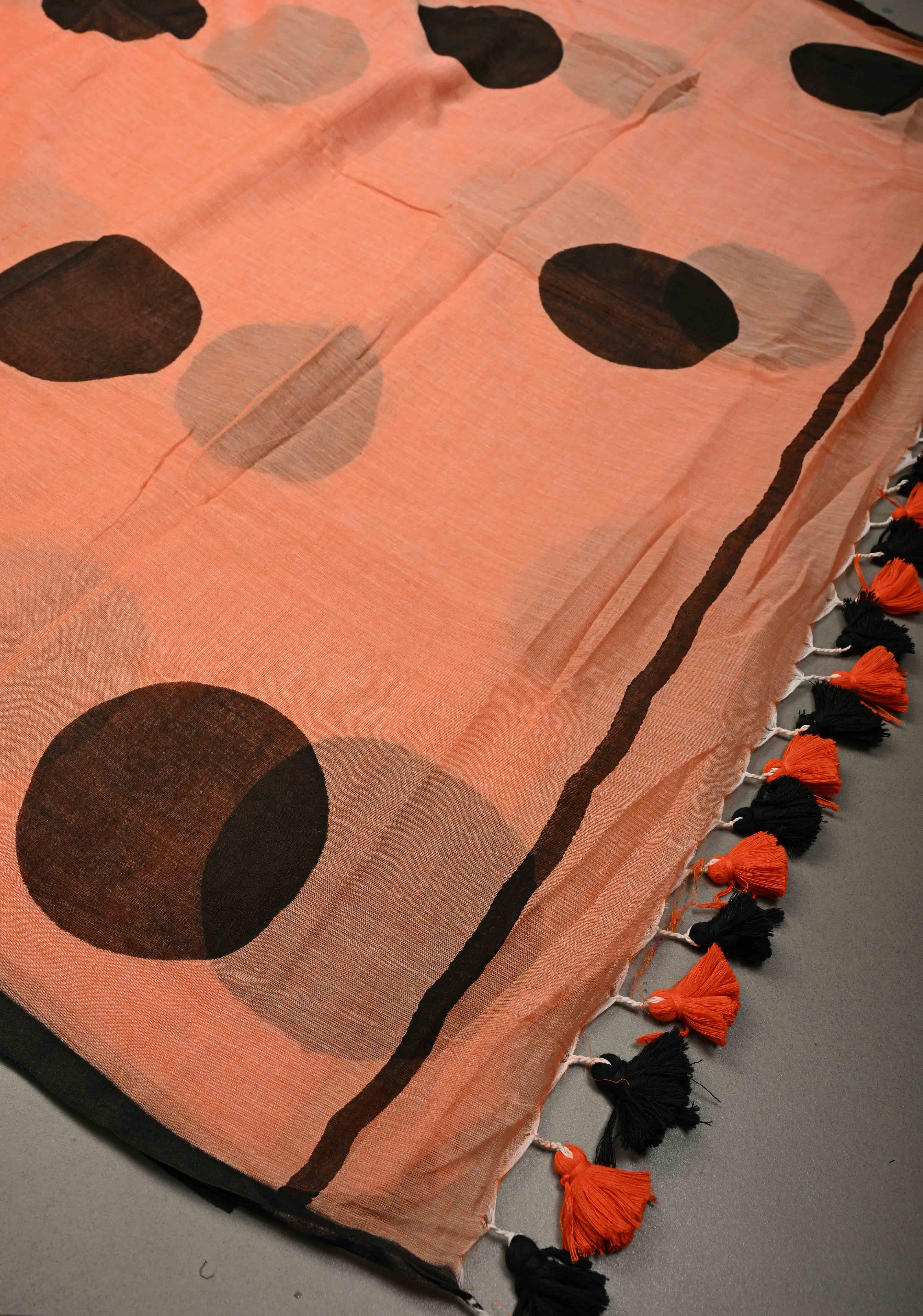 Coral Orange Mulmul Cotton Saree with Hand Painted Circle Buttas and Multihue Tassels, No Blouse Piece |Shobitam