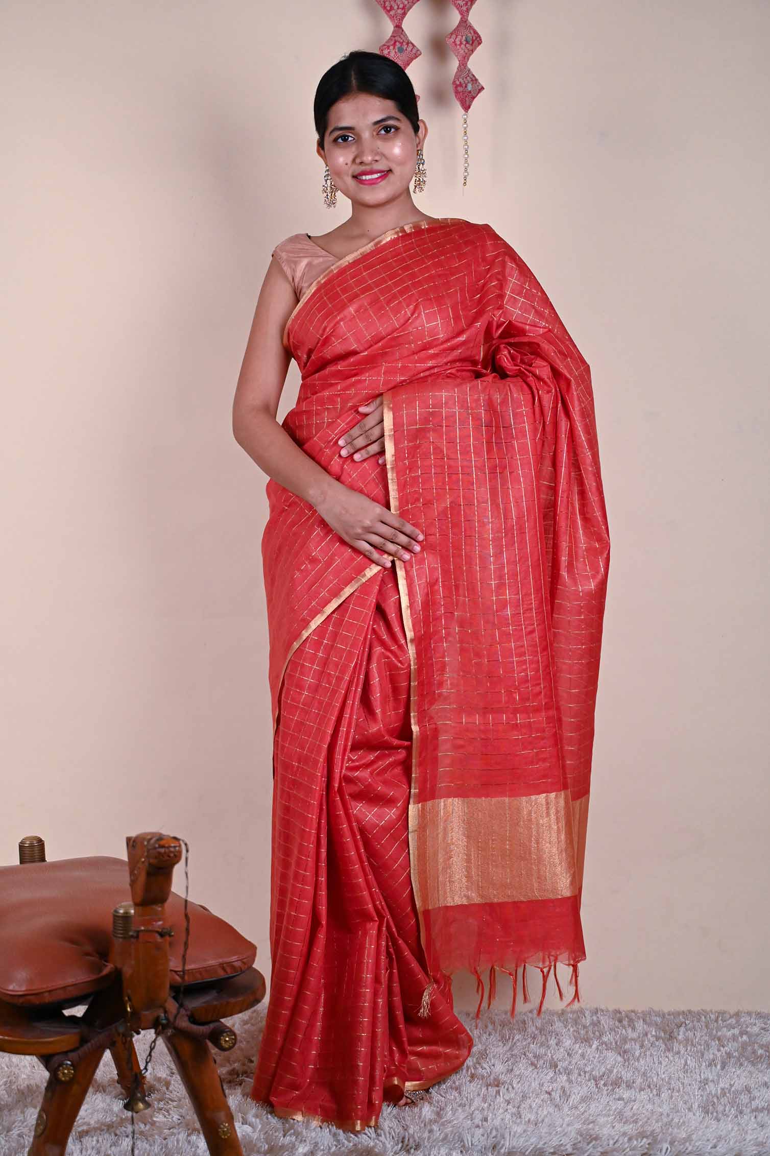 Maroon woven zari checks all over with south cotton silk Wrap in 1 Minute Saree - Isadora Life