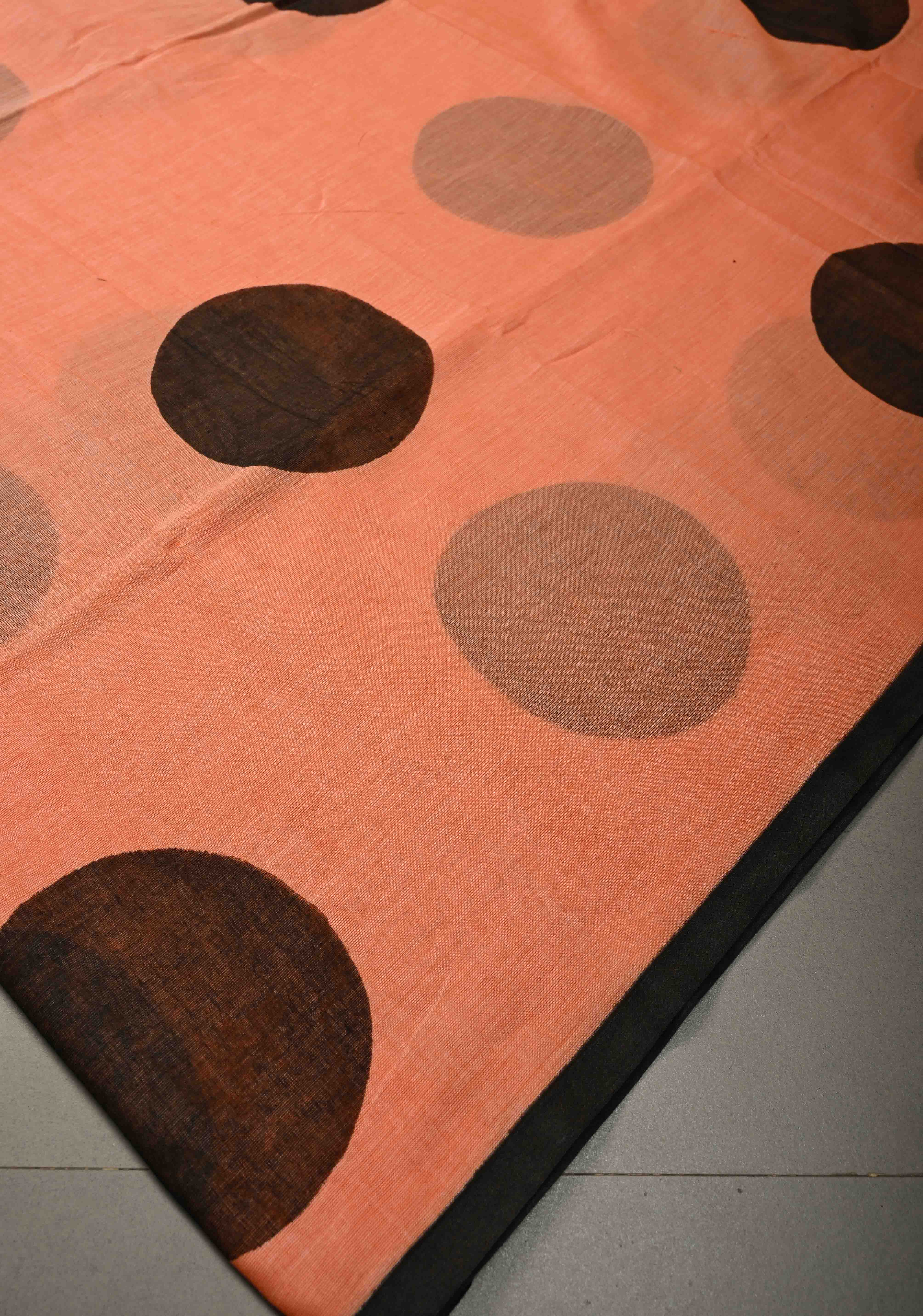 Coral Orange Mulmul Cotton Saree with Hand Painted Circle Buttas and Multihue Tassels, No Blouse Piece |Shobitam