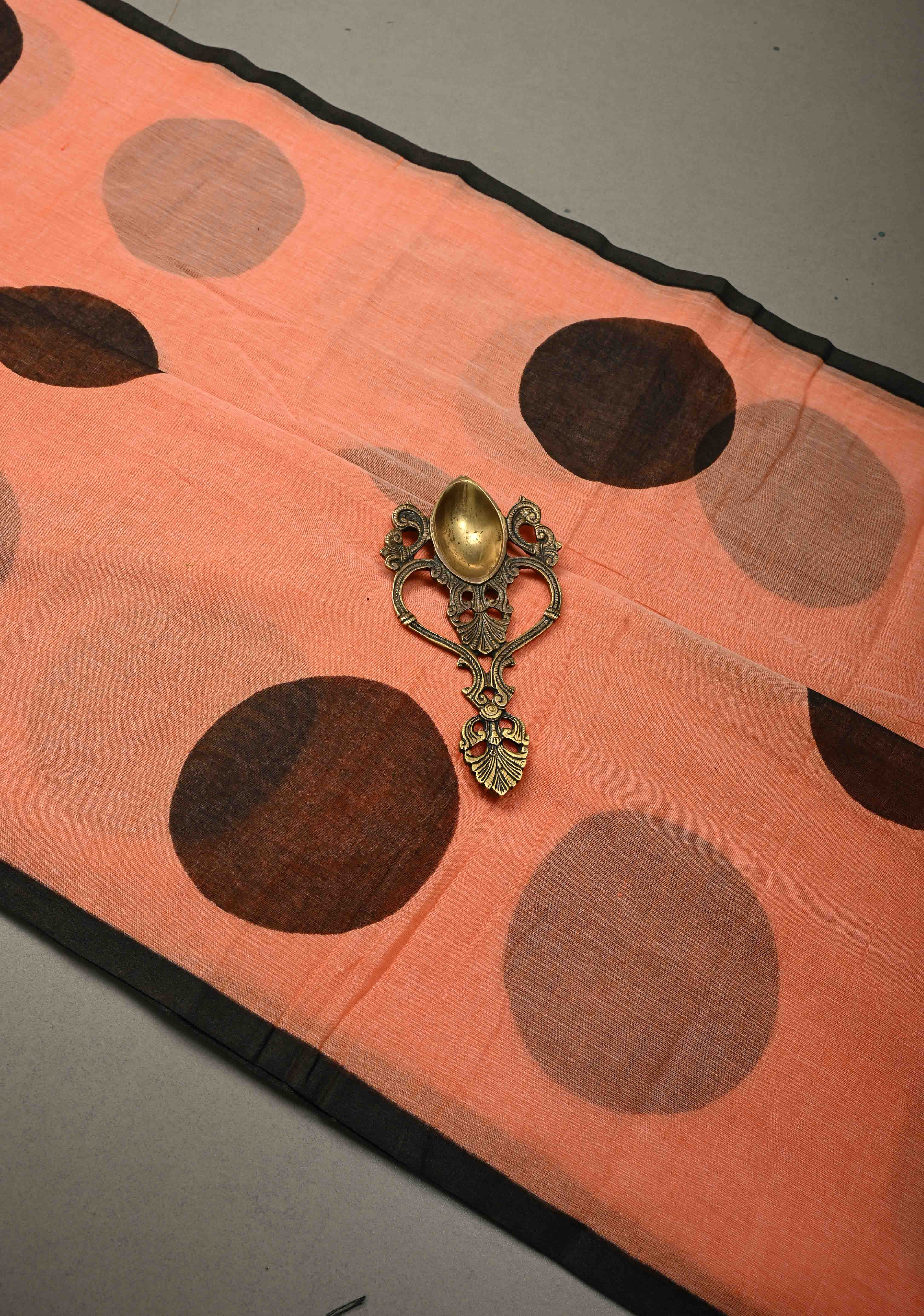 Coral Orange Mulmul Cotton Saree with Hand Painted Circle Buttas and Multihue Tassels, No Blouse Piece |Shobitam