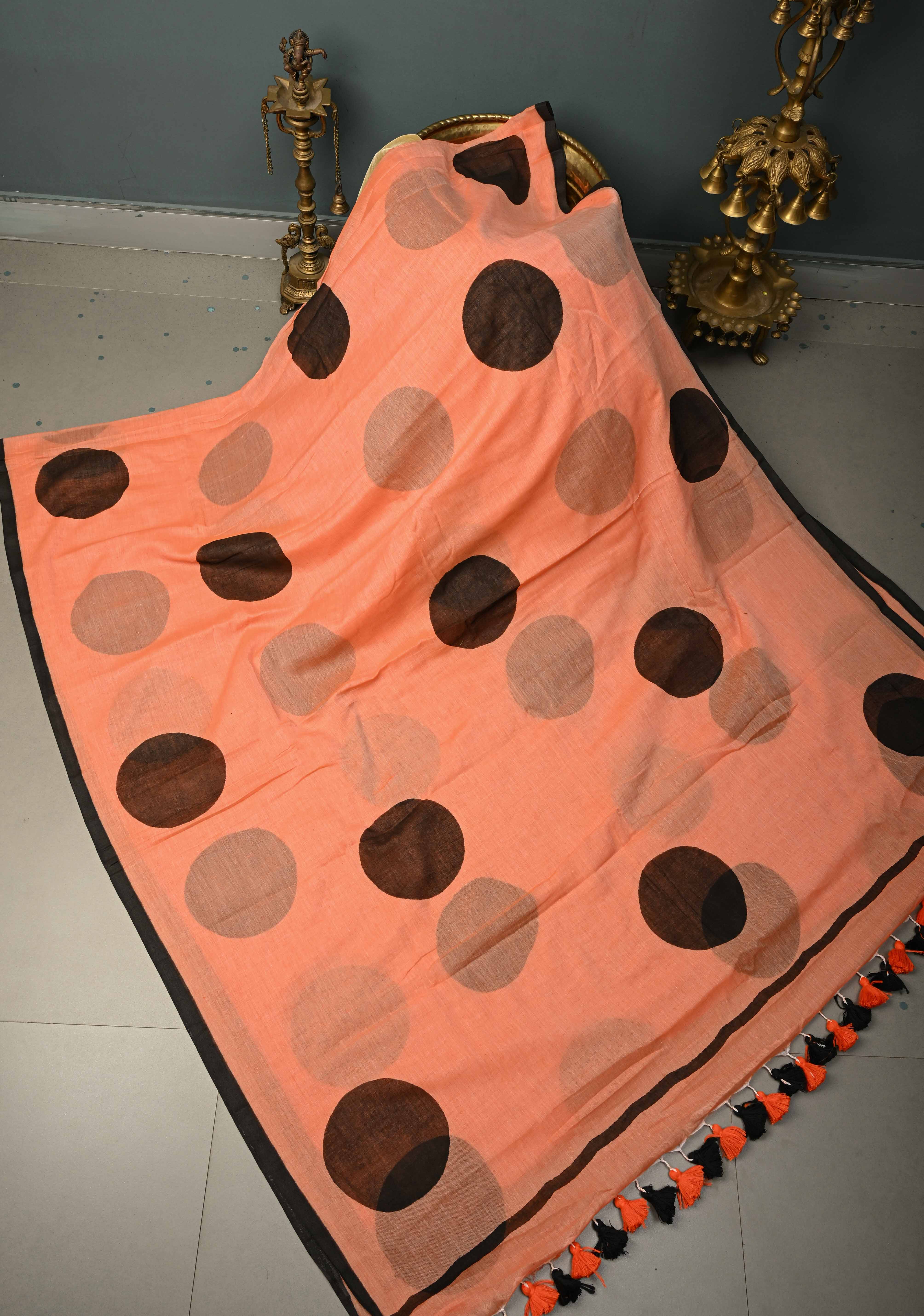 Coral Orange Mulmul Cotton Saree with Hand Painted Circle Buttas and Multihue Tassels, No Blouse Piece |Shobitam