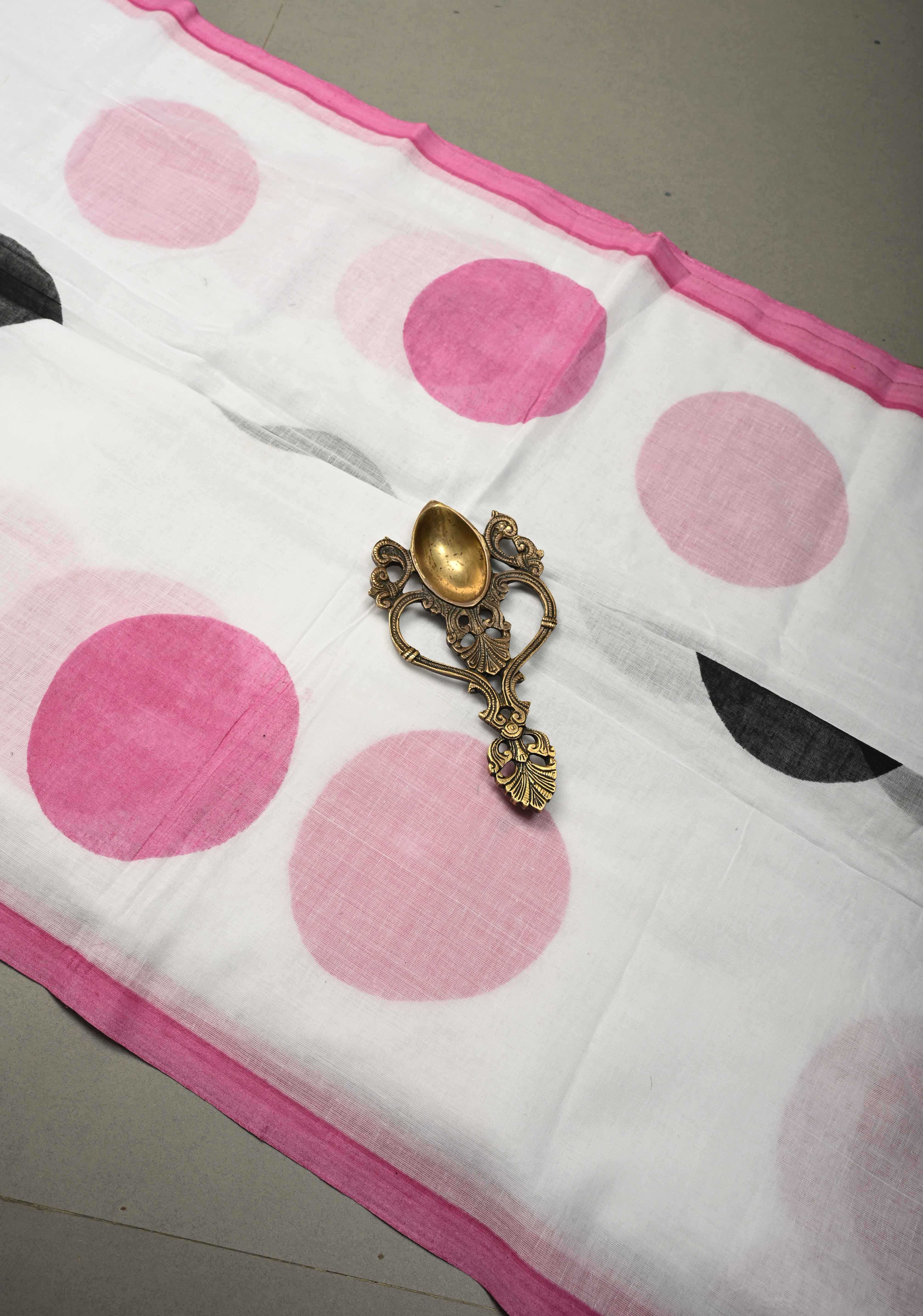 White Mulmul Cotton Saree with Hand Painted Circle Buttas and Multihue Tassels, No Blouse Piece |Shobitam