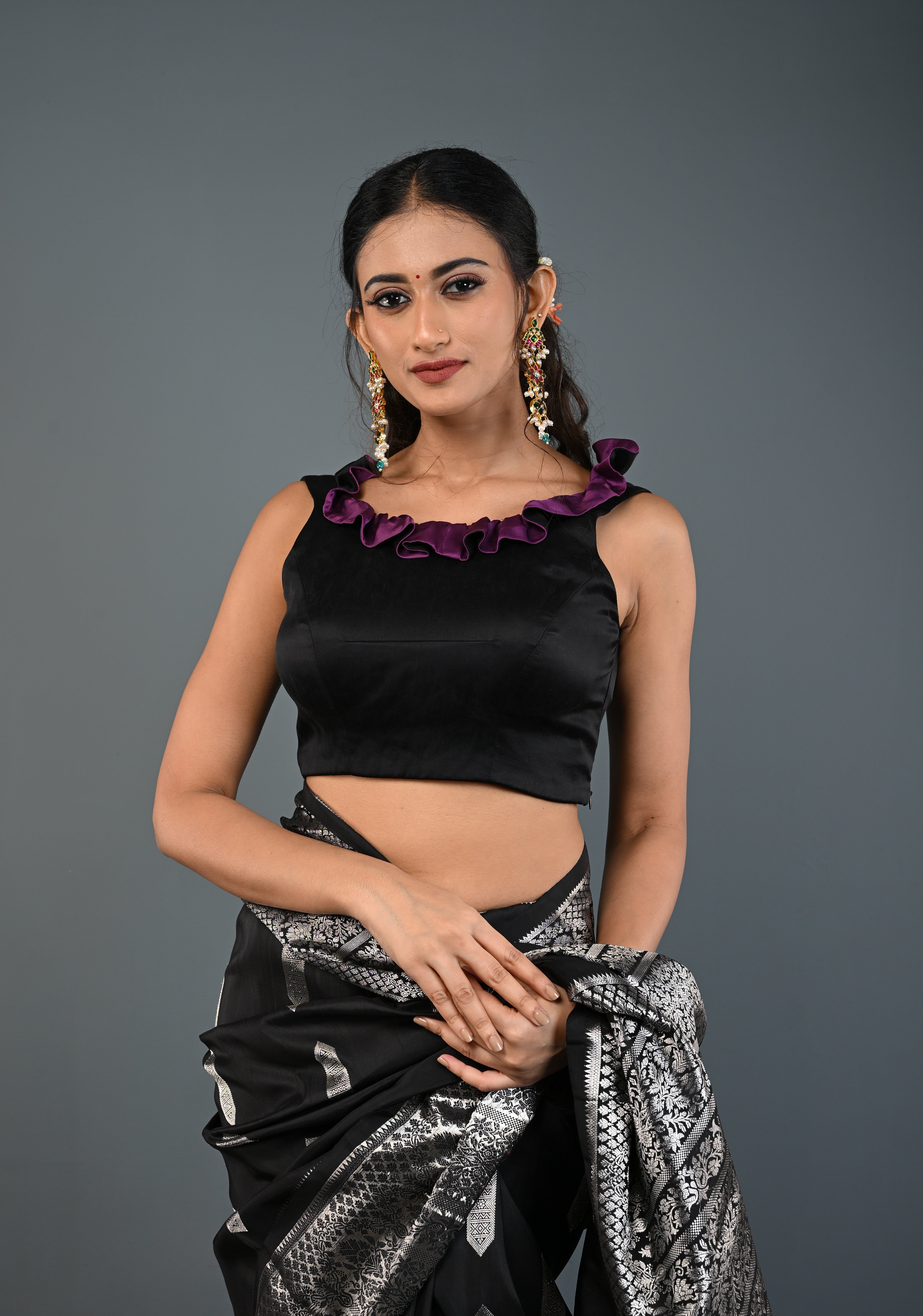 Black Dual-Style Satin Blouse with Purple Ruffle-Neck , Customizable, Made to Order | Shobitam
