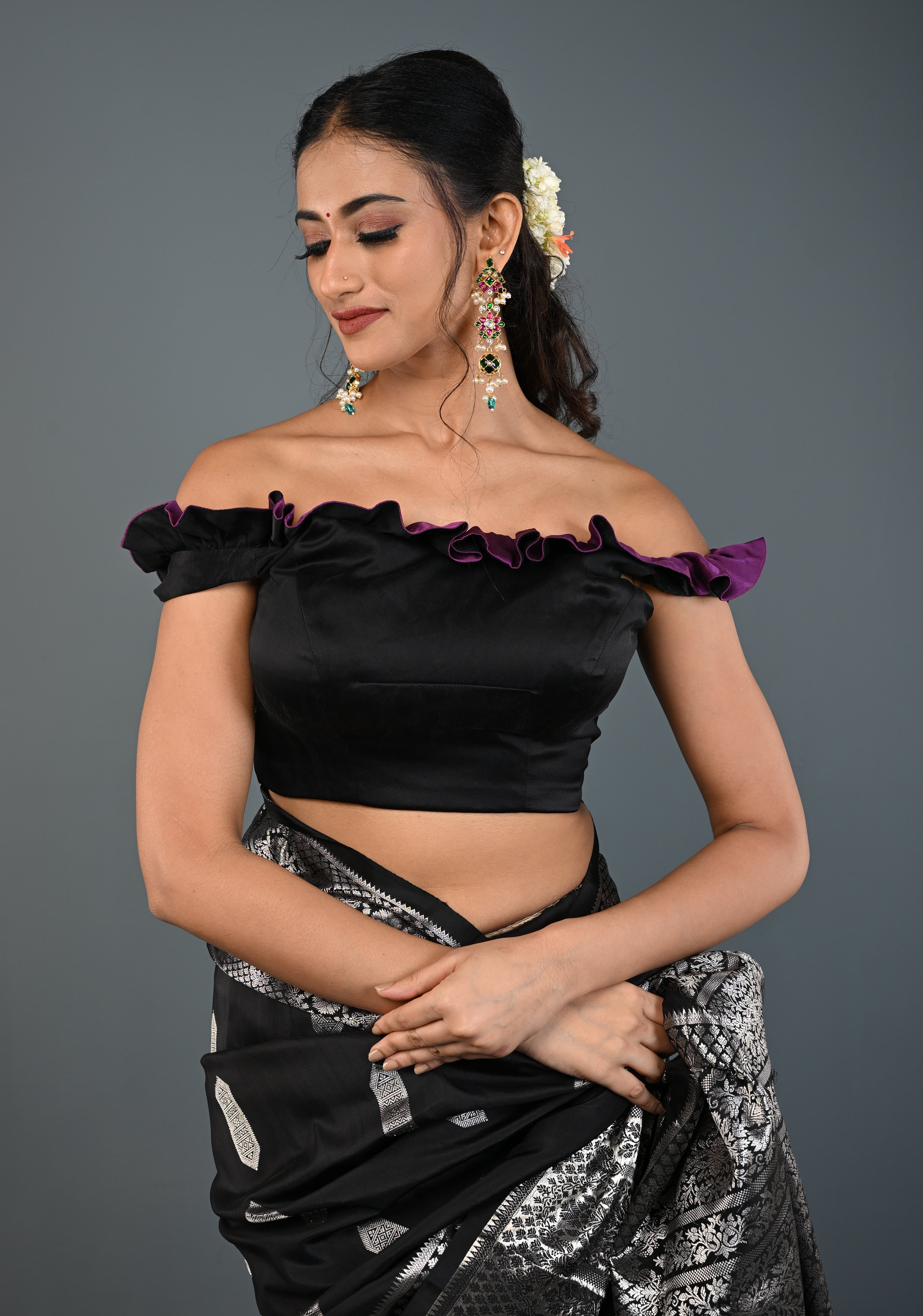 Black Dual-Style Satin Blouse with Purple Ruffle-Neck , Customizable, Made to Order | Shobitam