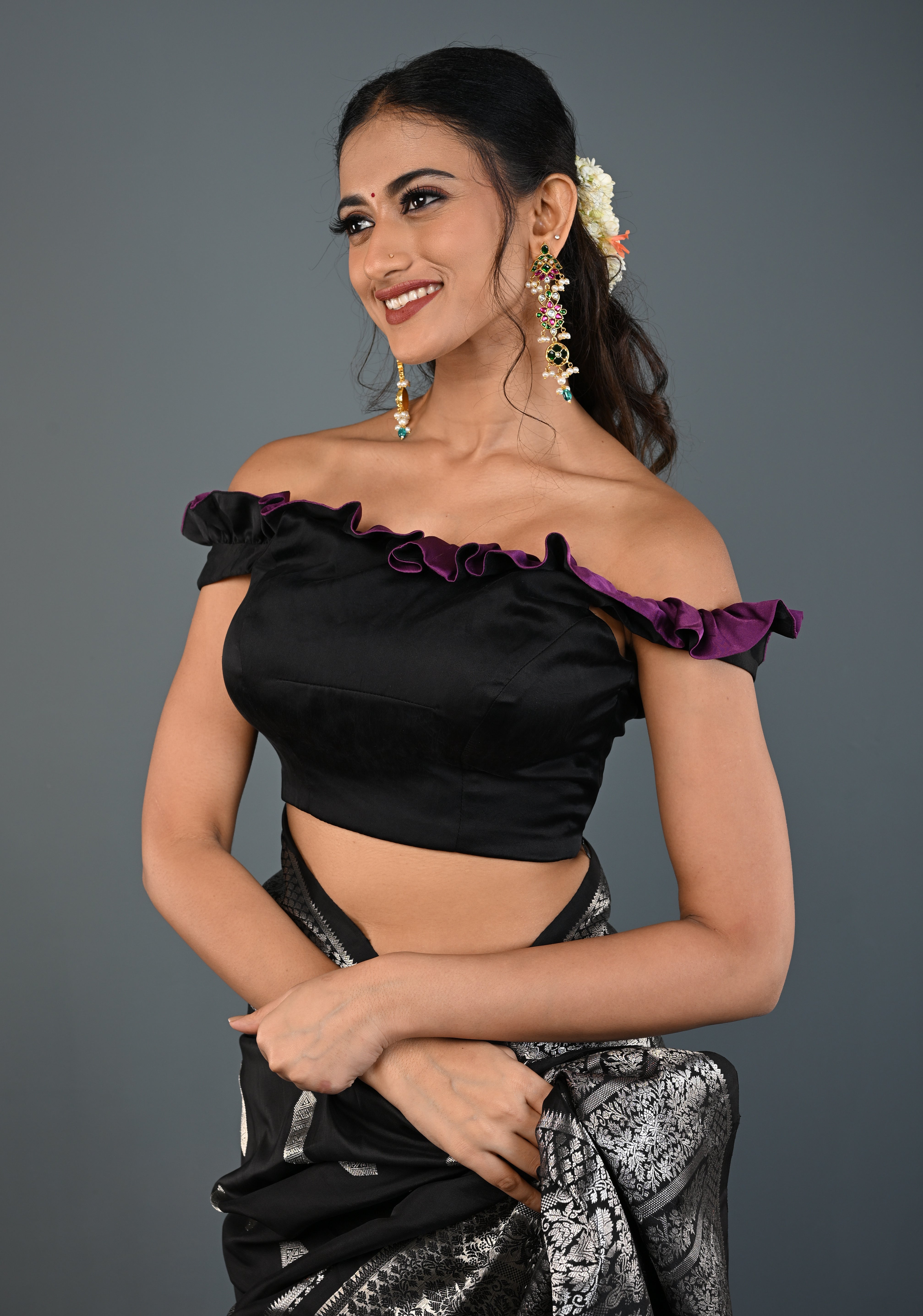 Black Dual-Style Satin Blouse with Purple Ruffle-Neck , Customizable, Made to Order | Shobitam