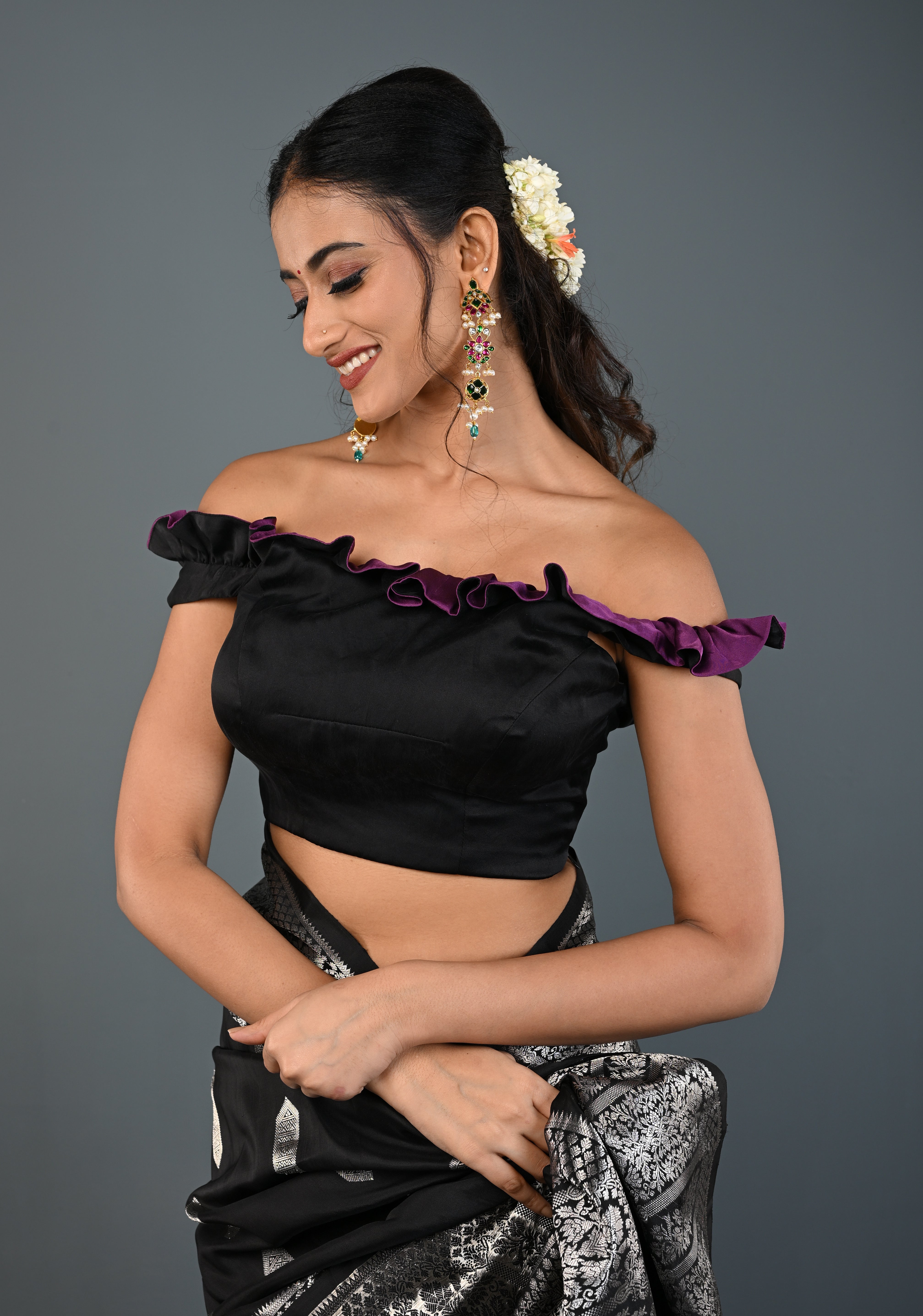 Black Dual-Style Satin Blouse with Purple Ruffle-Neck , Customizable, Made to Order | Shobitam