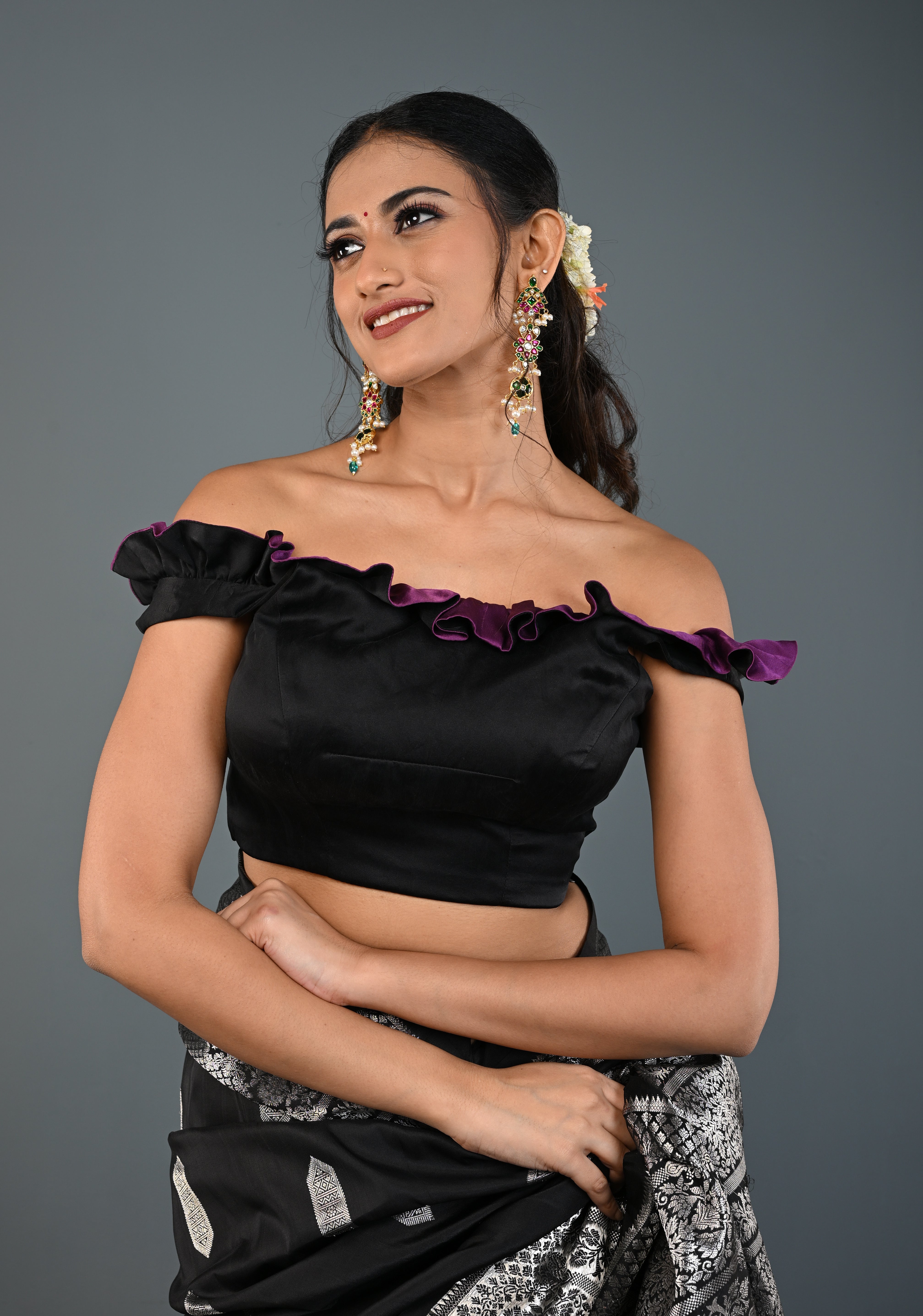 Black Dual-Style Satin Blouse with Purple Ruffle-Neck , Customizable, Made to Order | Shobitam