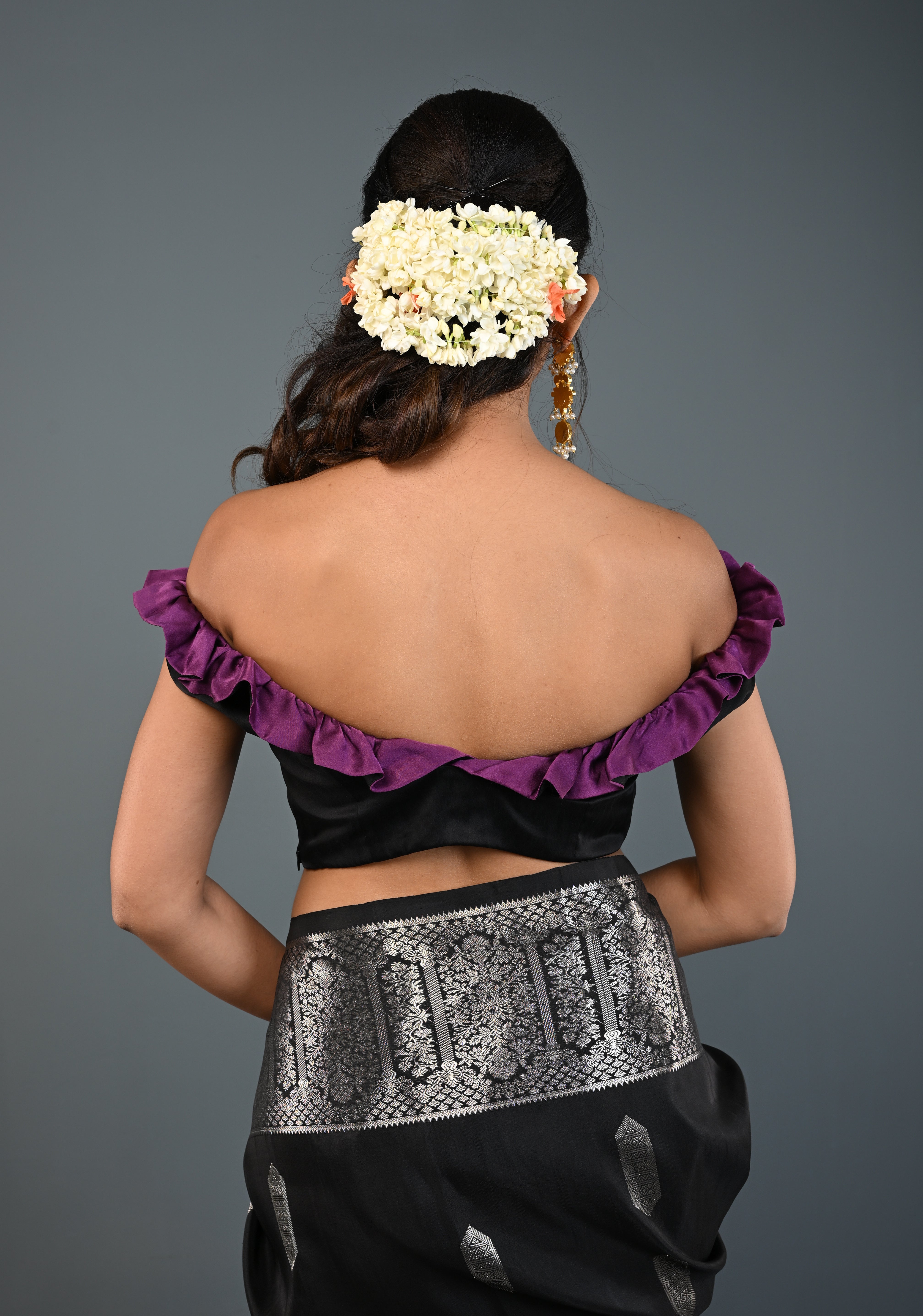 Black Dual-Style Satin Blouse with Purple Ruffle-Neck , Customizable, Made to Order | Shobitam