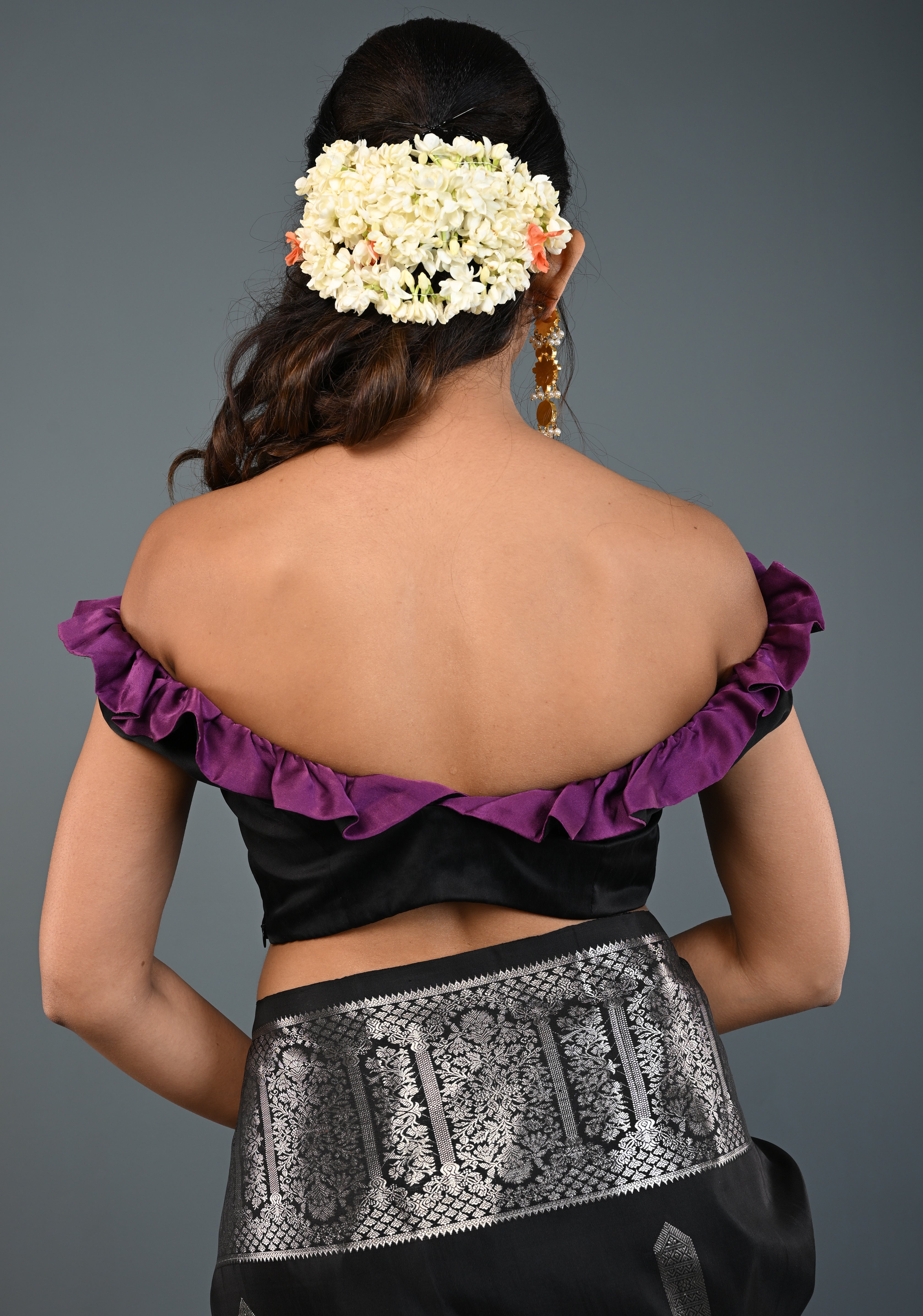Black Dual-Style Satin Blouse with Purple Ruffle-Neck , Customizable, Made to Order | Shobitam
