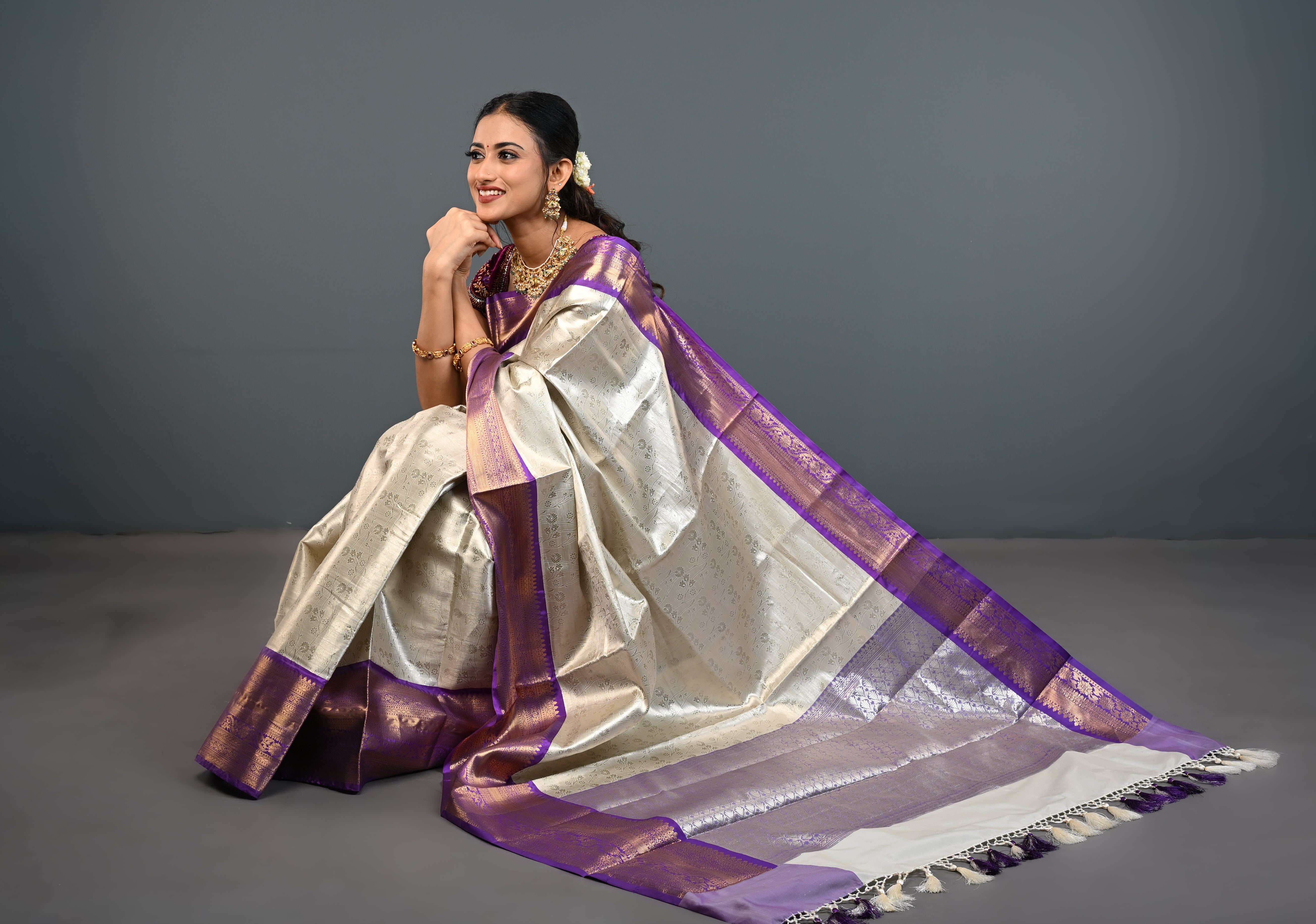 Ivory Kanjivaram Tissue Semi Silk Saree with Floral Jaal and Contrast Zari Border | Shobitam