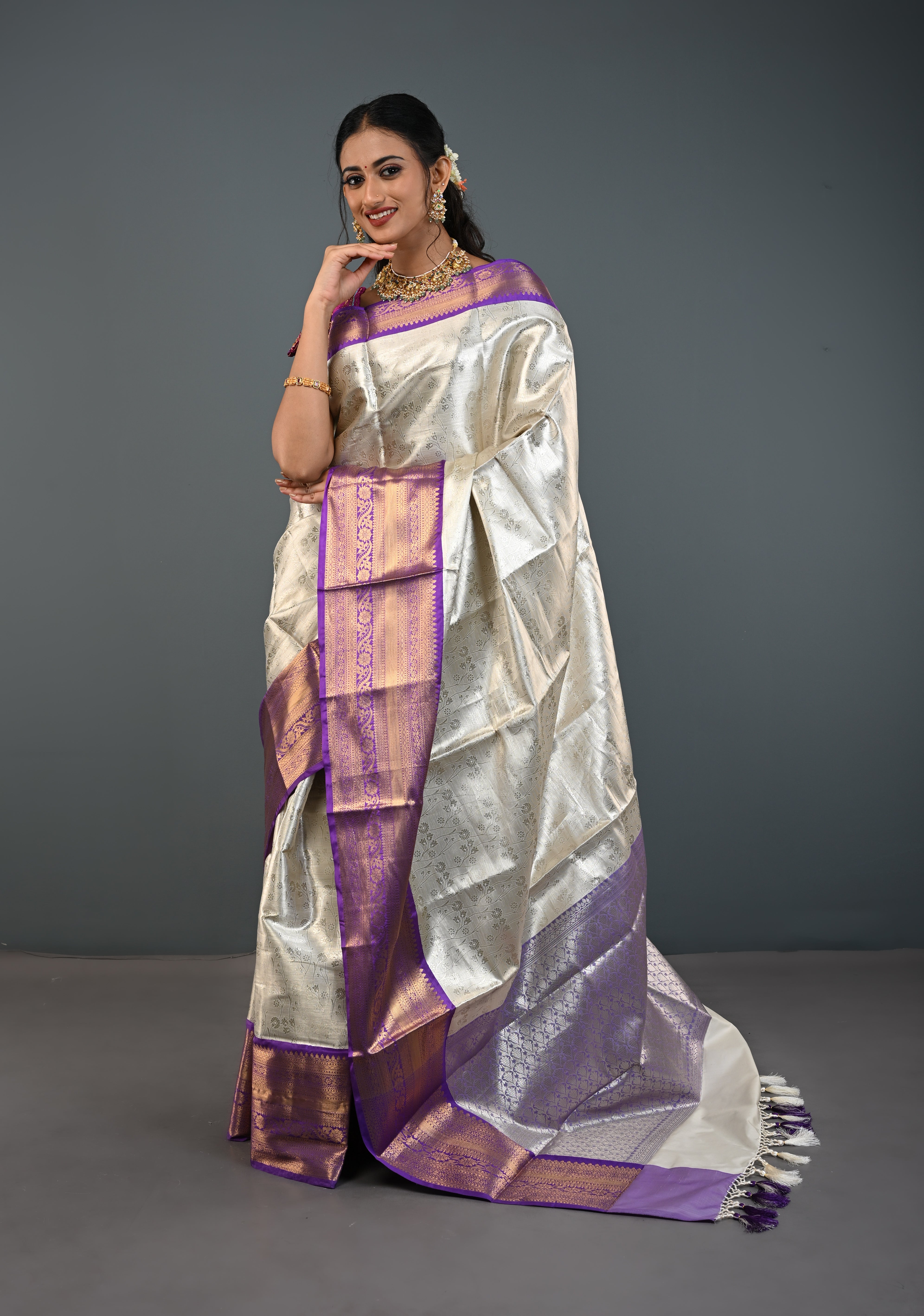 Ivory Kanjivaram Tissue Semi Silk Saree with Floral Jaal and Contrast Zari Border | Shobitam