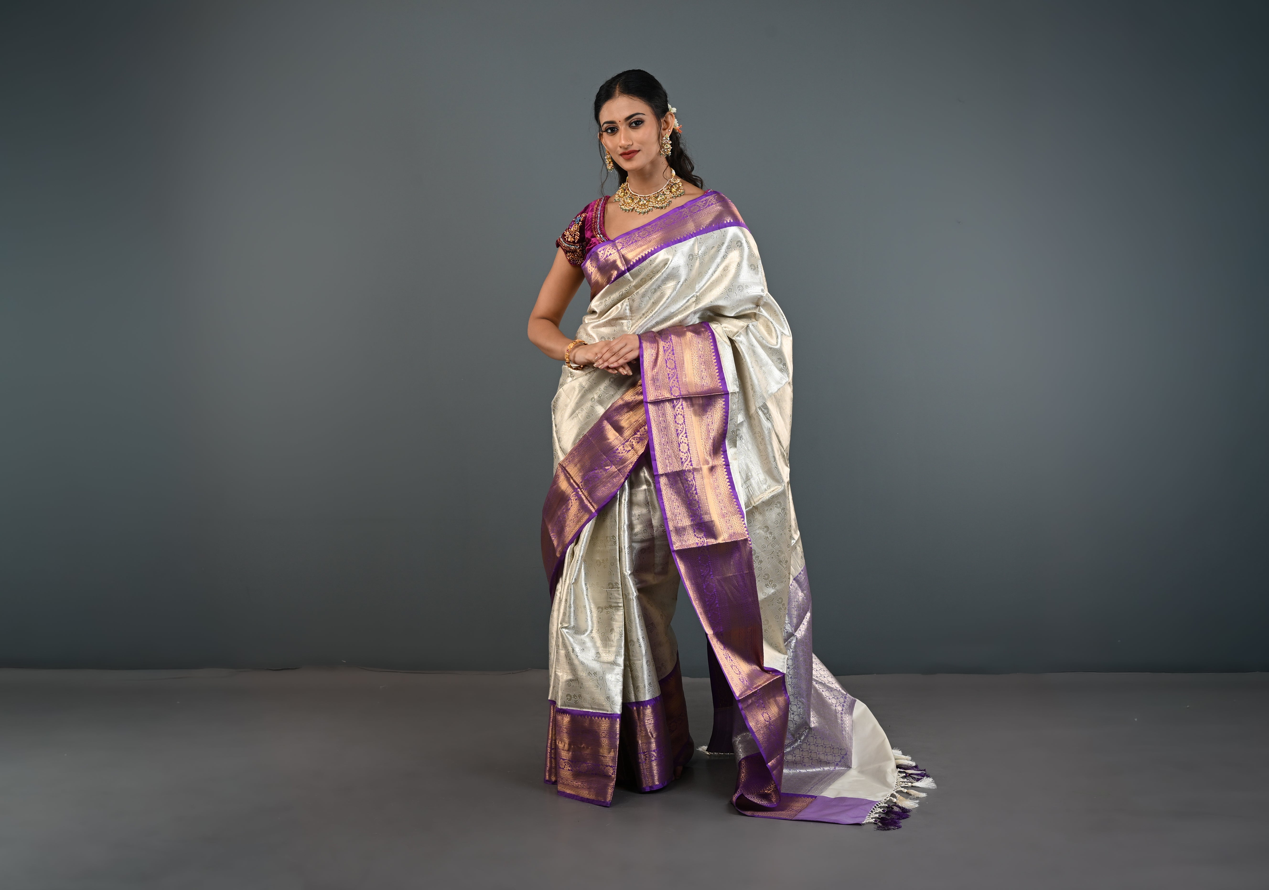 Ivory Kanjivaram Tissue Semi Silk Saree with Floral Jaal and Contrast Zari Border | Shobitam