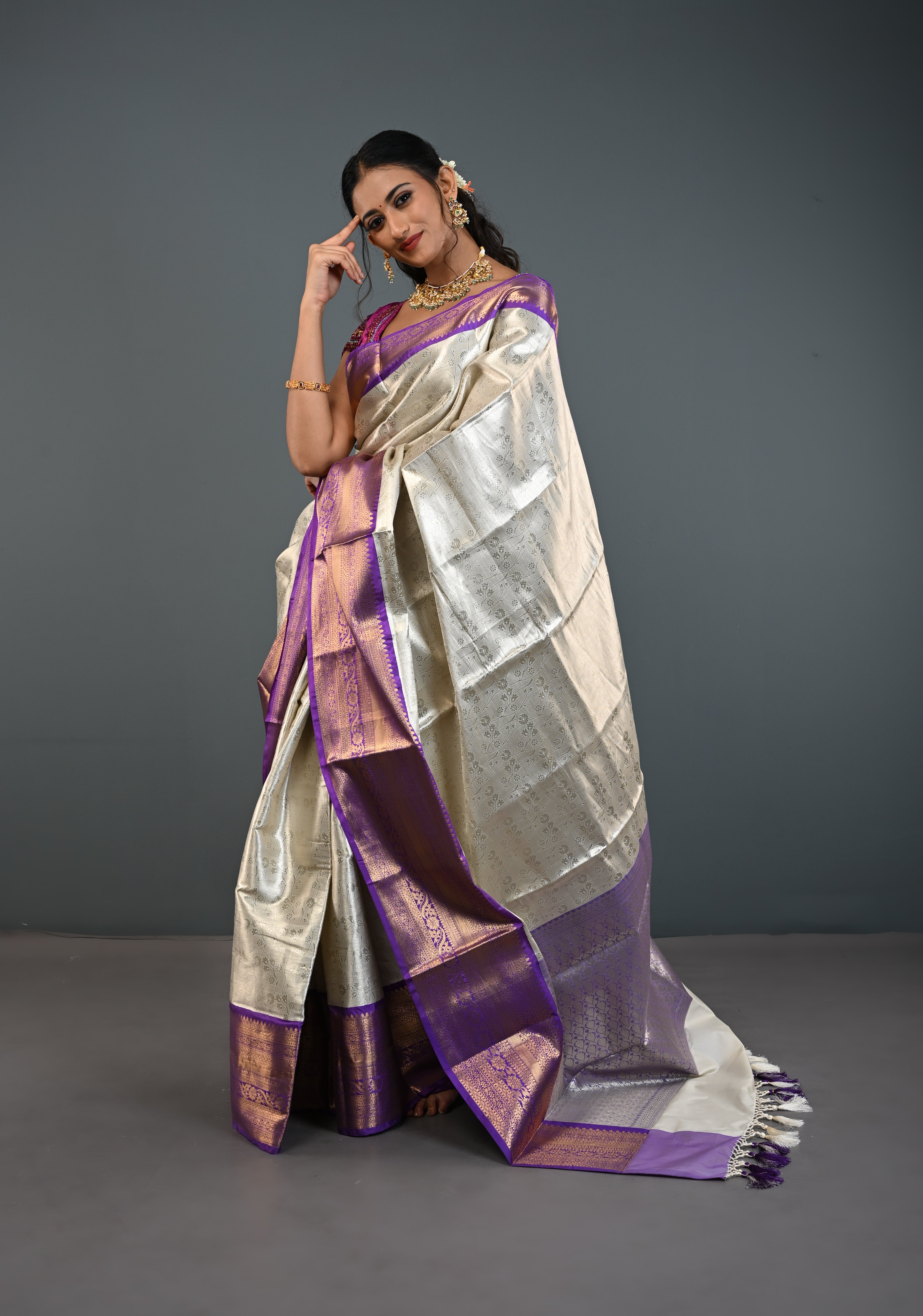 Ivory Kanjivaram Tissue Semi Silk Saree with Floral Jaal and Contrast Zari Border | Shobitam