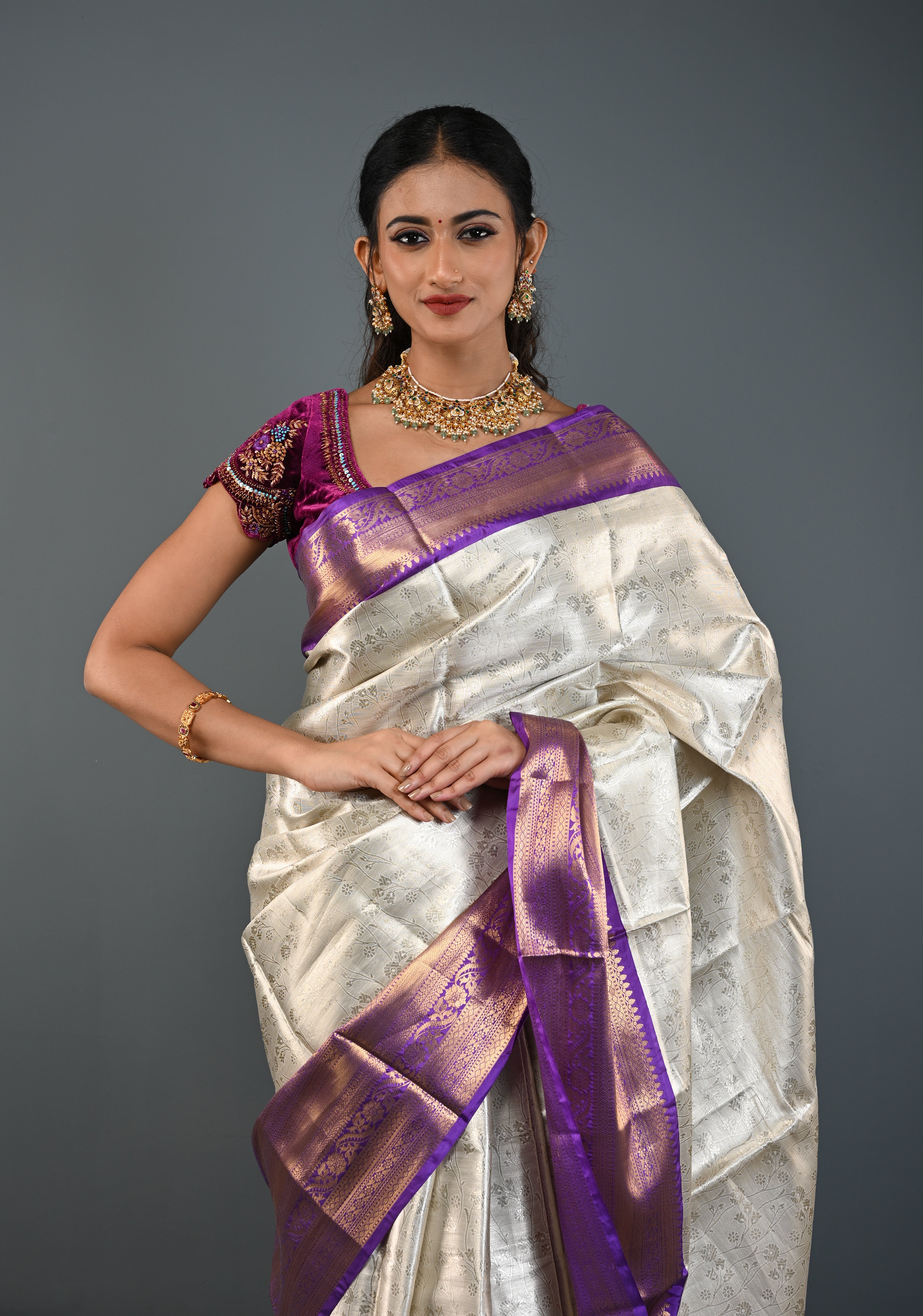 Ivory Kanjivaram Tissue Semi Silk Saree with Floral Jaal and Contrast Zari Border | Shobitam