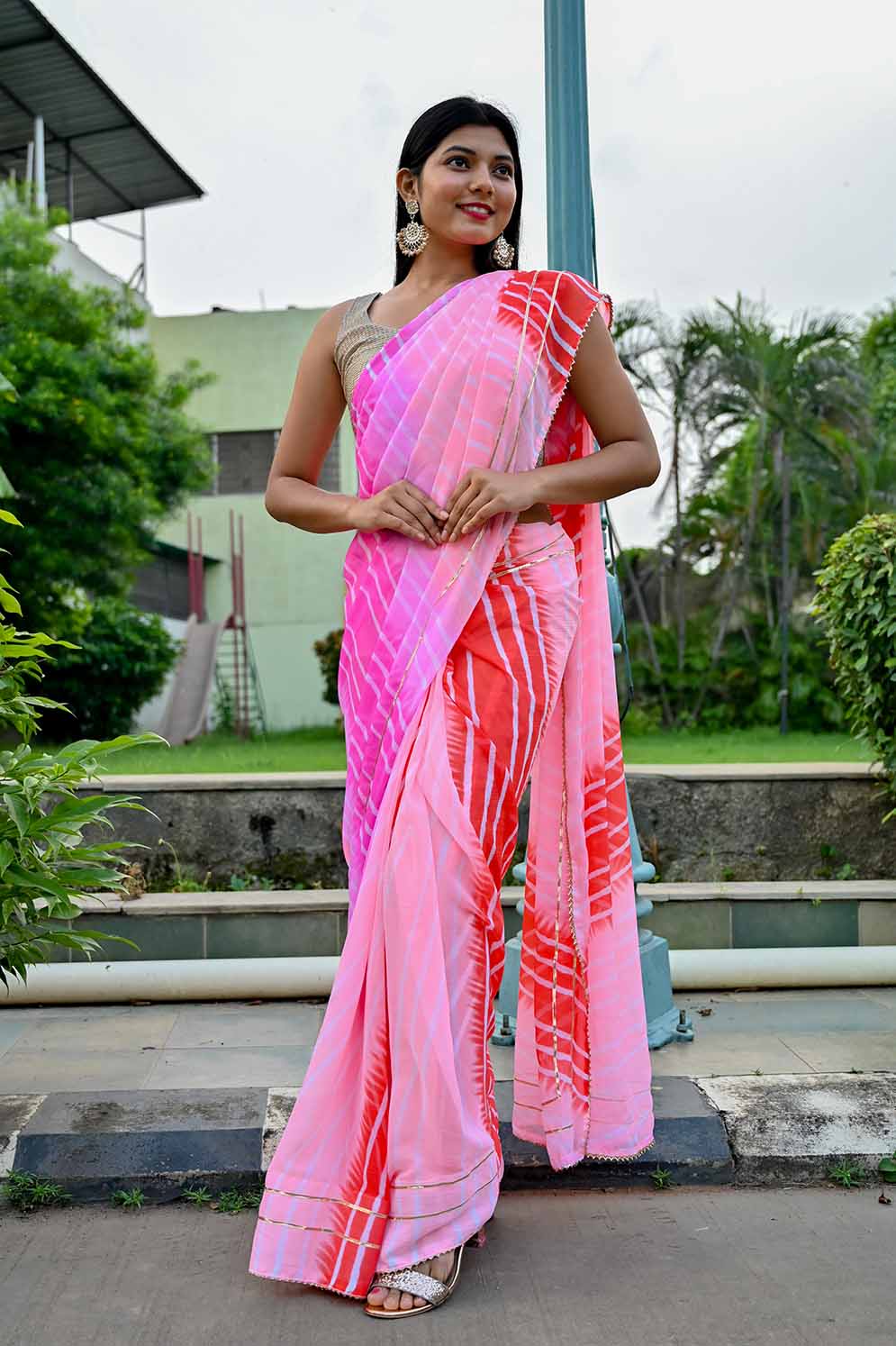 Pink Chiffon Lehriya Printed Wrap in 1 minute saree