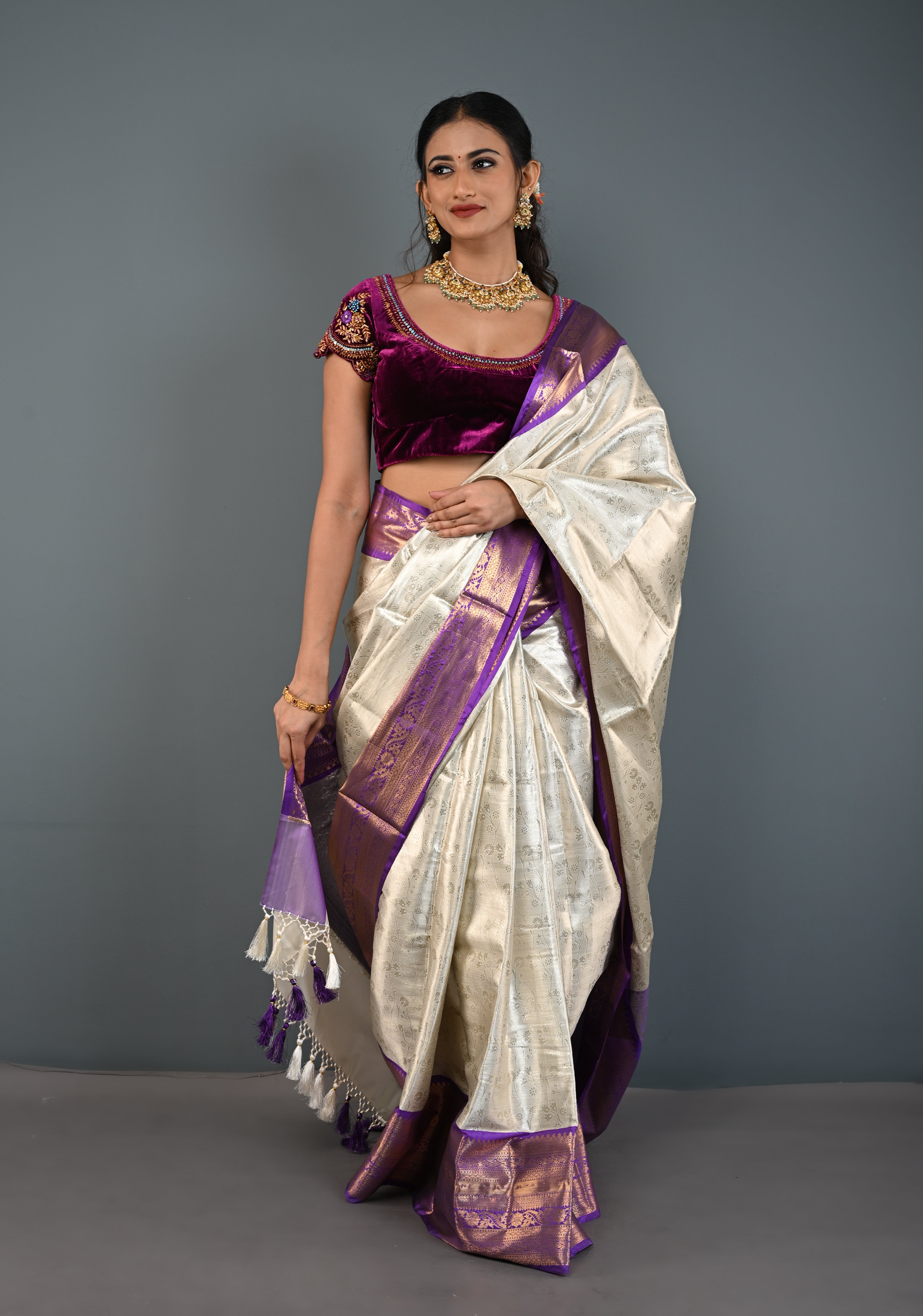 Ivory Kanjivaram Tissue Semi Silk Saree with Floral Jaal and Contrast Zari Border | Shobitam