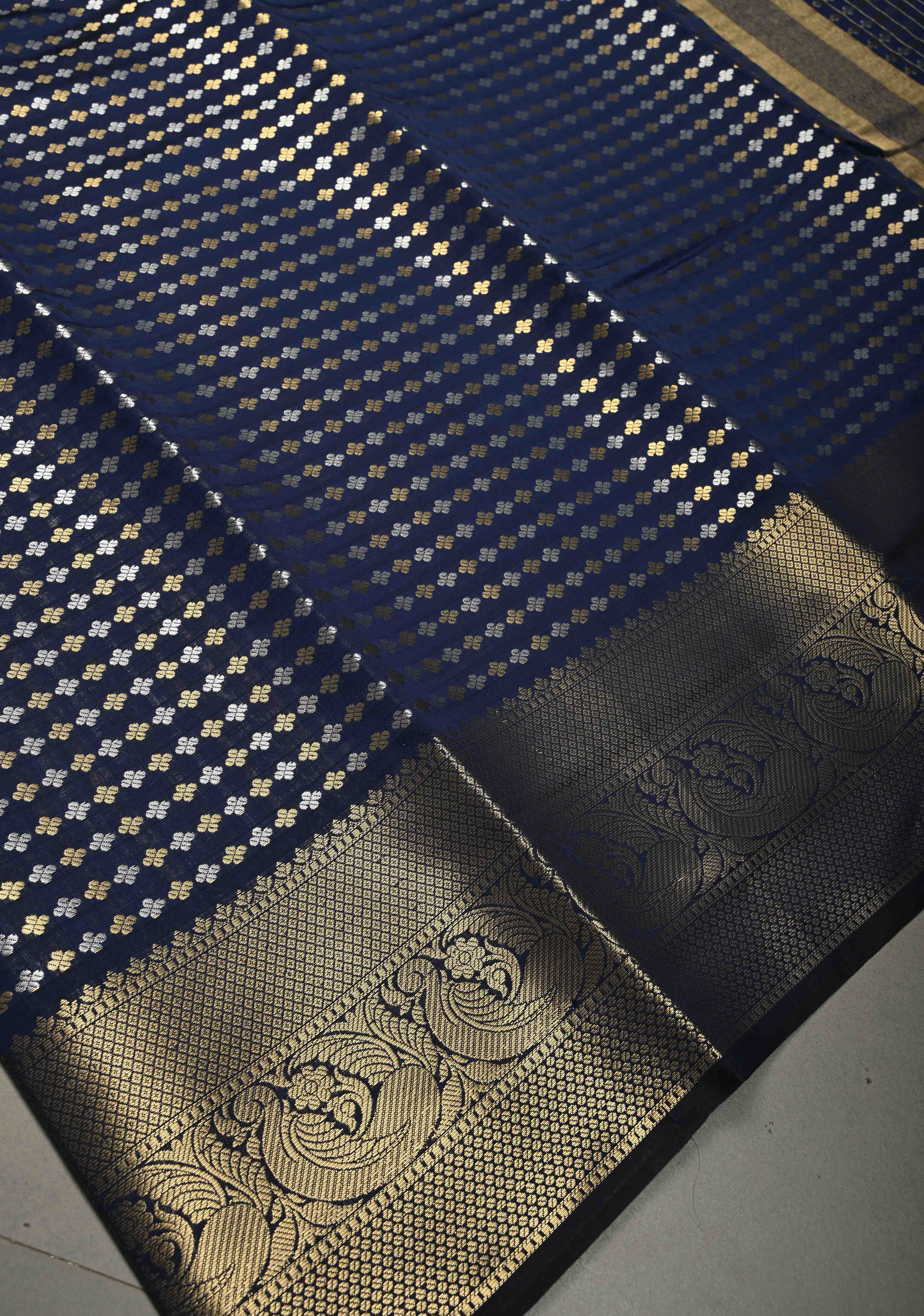 Navy Blue Semi Silk Saree with Sona Rupa Zari Buttis Brocade and Zari Border  | Shobitam