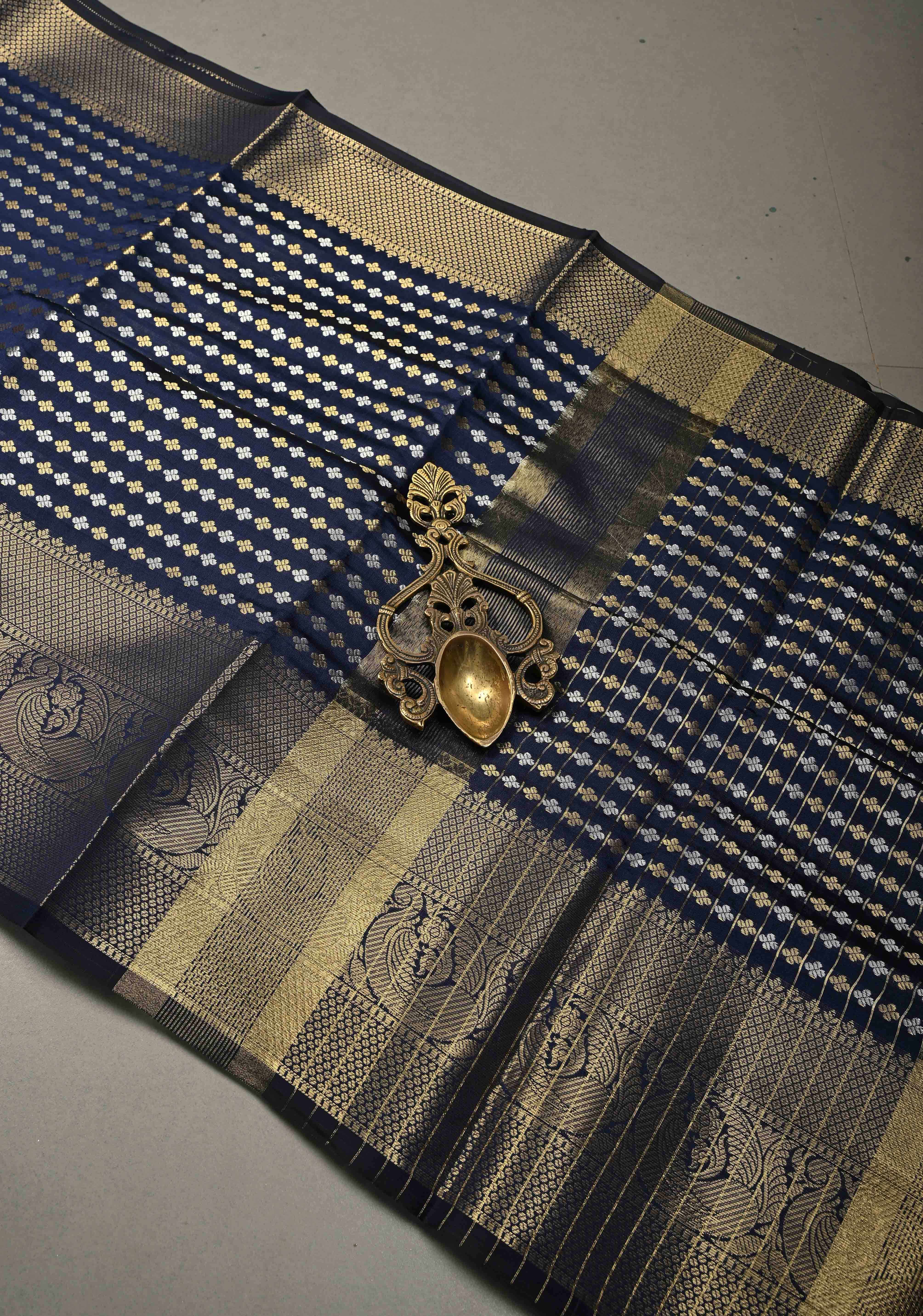 Navy Blue Semi Silk Saree with Sona Rupa Zari Buttis Brocade and Zari Border  | Shobitam