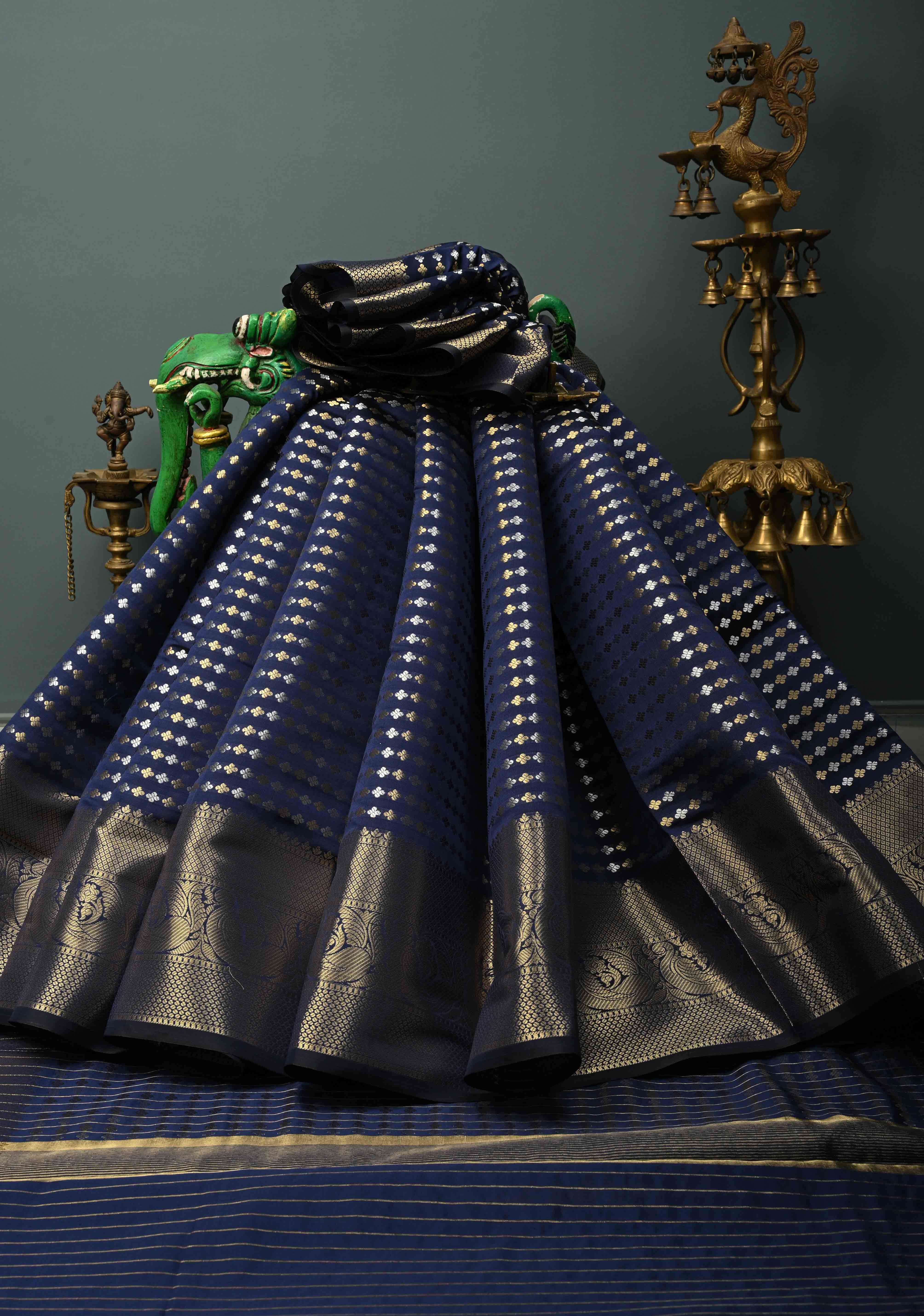 Navy Blue Semi Silk Saree with Sona Rupa Zari Buttis Brocade and Zari Border  | Shobitam