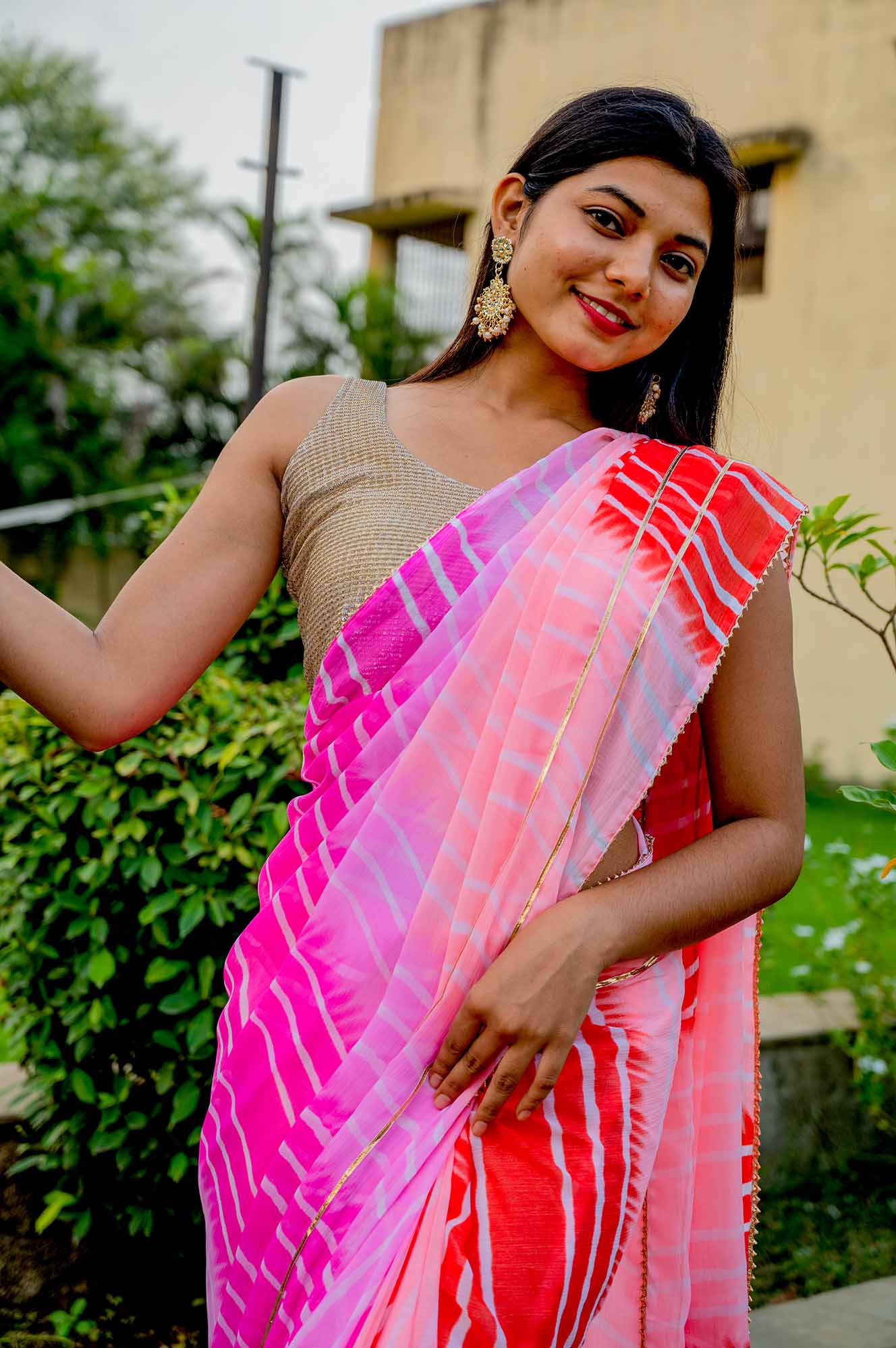 Pink Chiffon Lehriya Printed Wrap in 1 minute saree