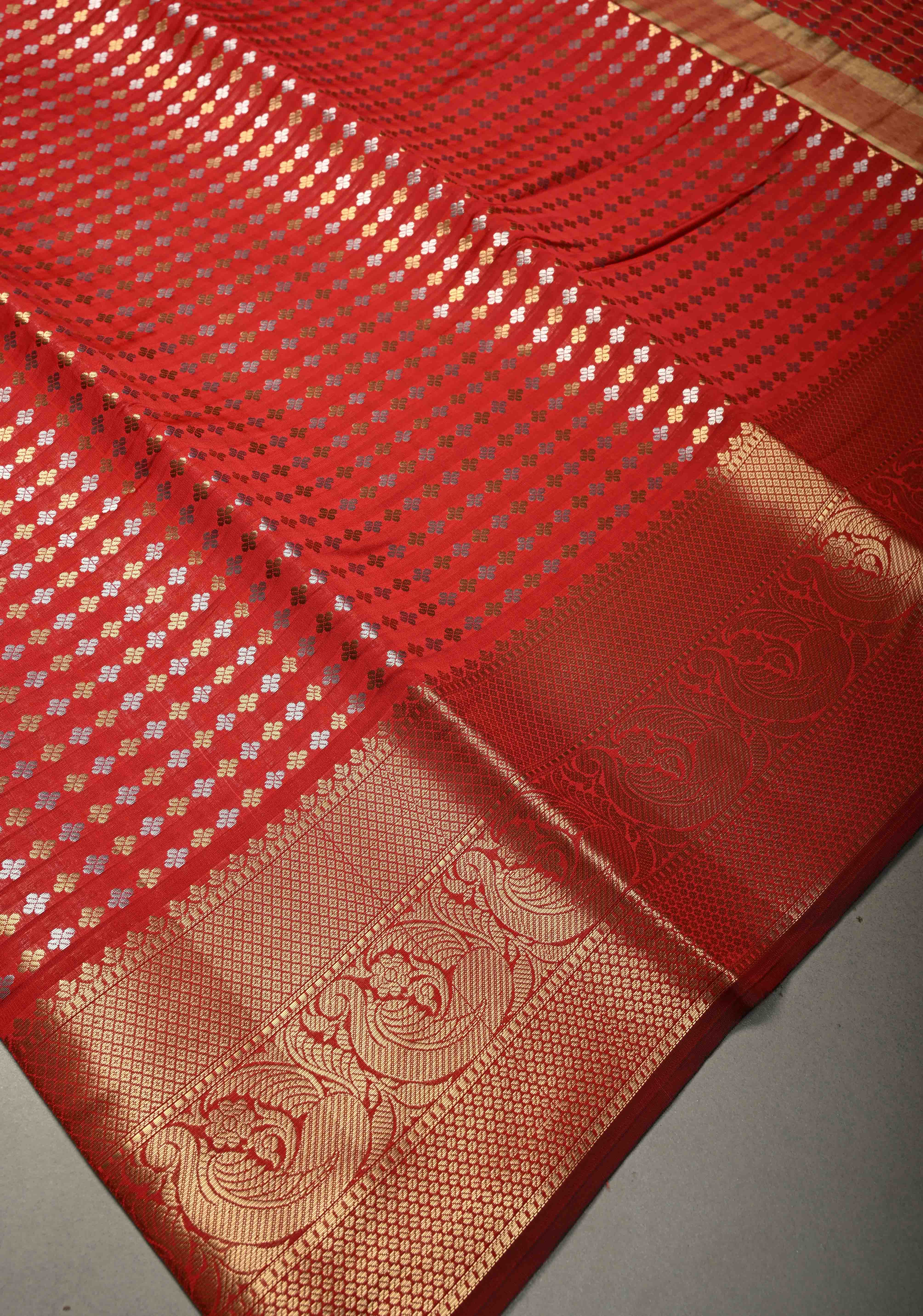 Blood Red Semi Silk Saree with Sona Rupa Zari Buttis Brocade and Zari Border | Shobitam