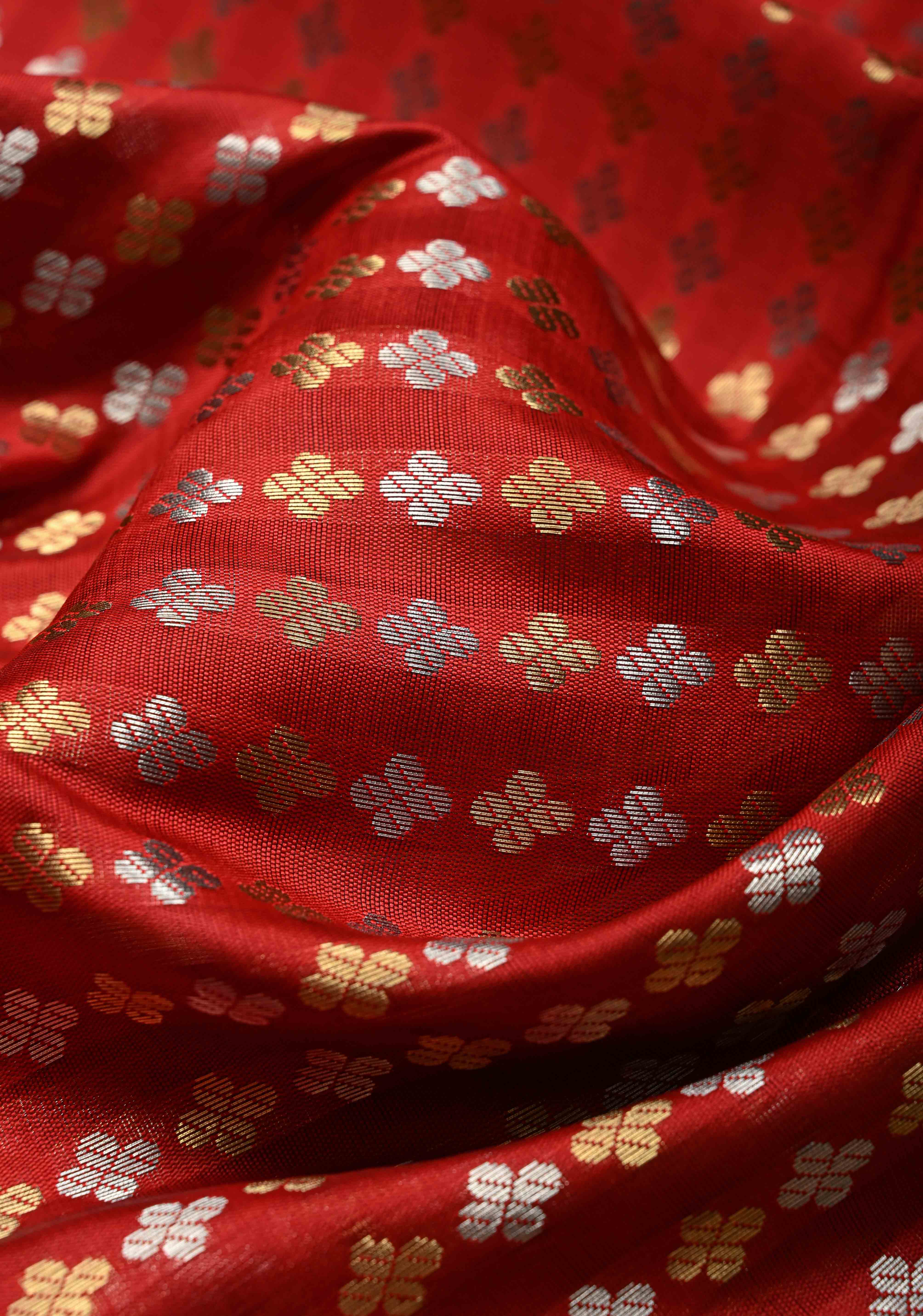 Blood Red Semi Silk Saree with Sona Rupa Zari Buttis Brocade and Zari Border | Shobitam