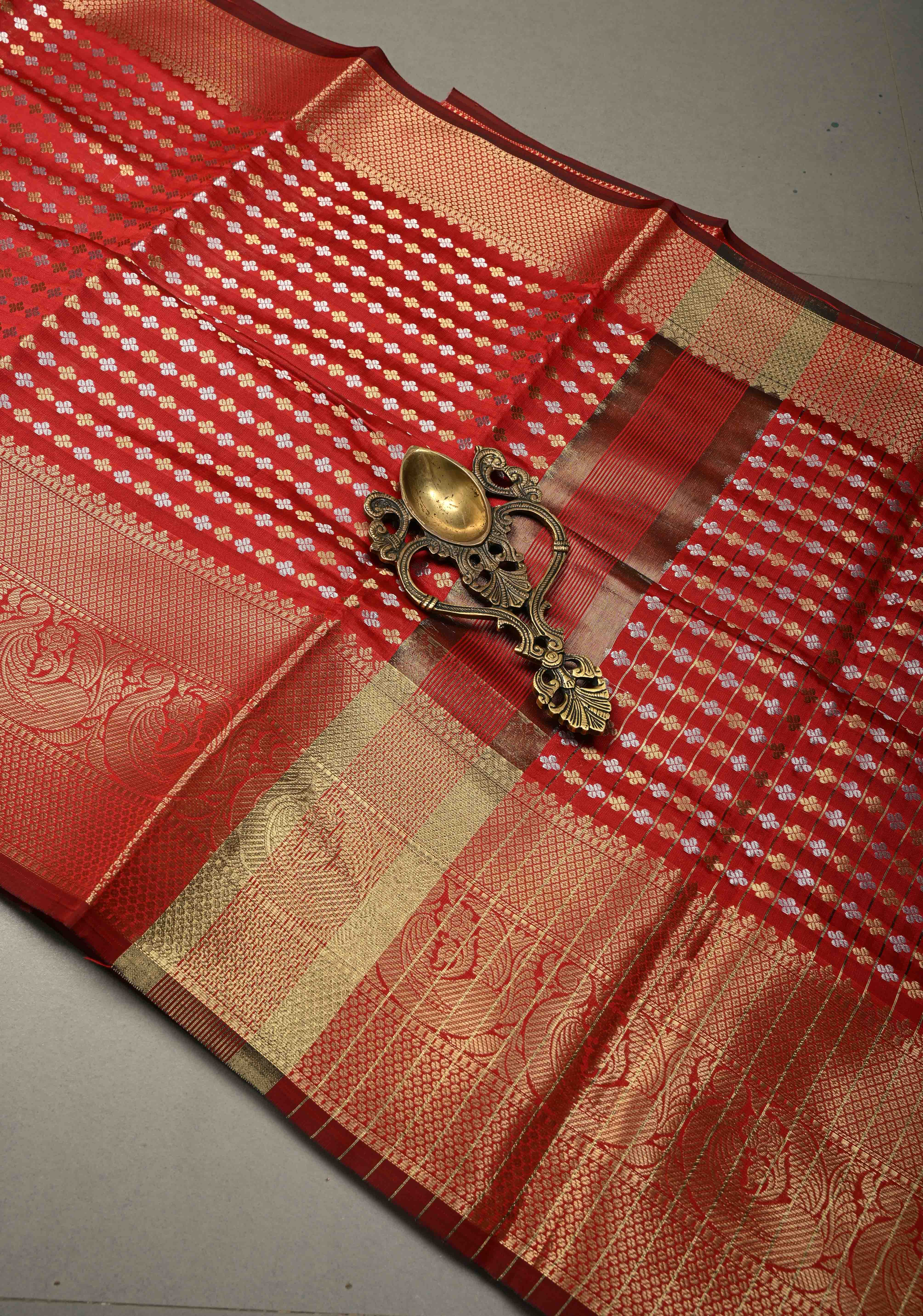 Blood Red Semi Silk Saree with Sona Rupa Zari Buttis Brocade and Zari Border | Shobitam