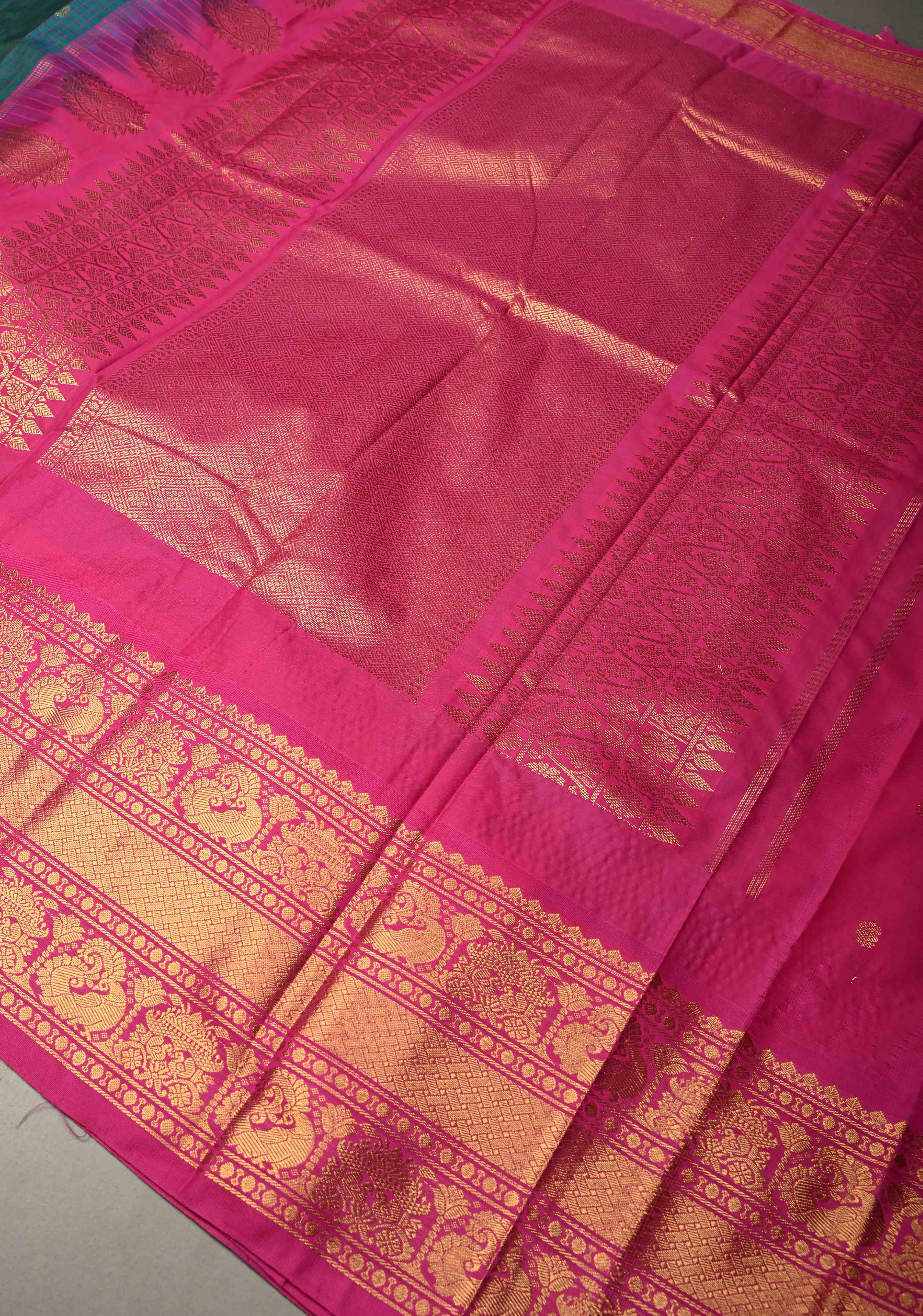 Peacock Green-Blue Dual tone Checks on Art Semi Gadwal Silk Saree with Zari Buttas and Contrast Zari Border | Shobitam