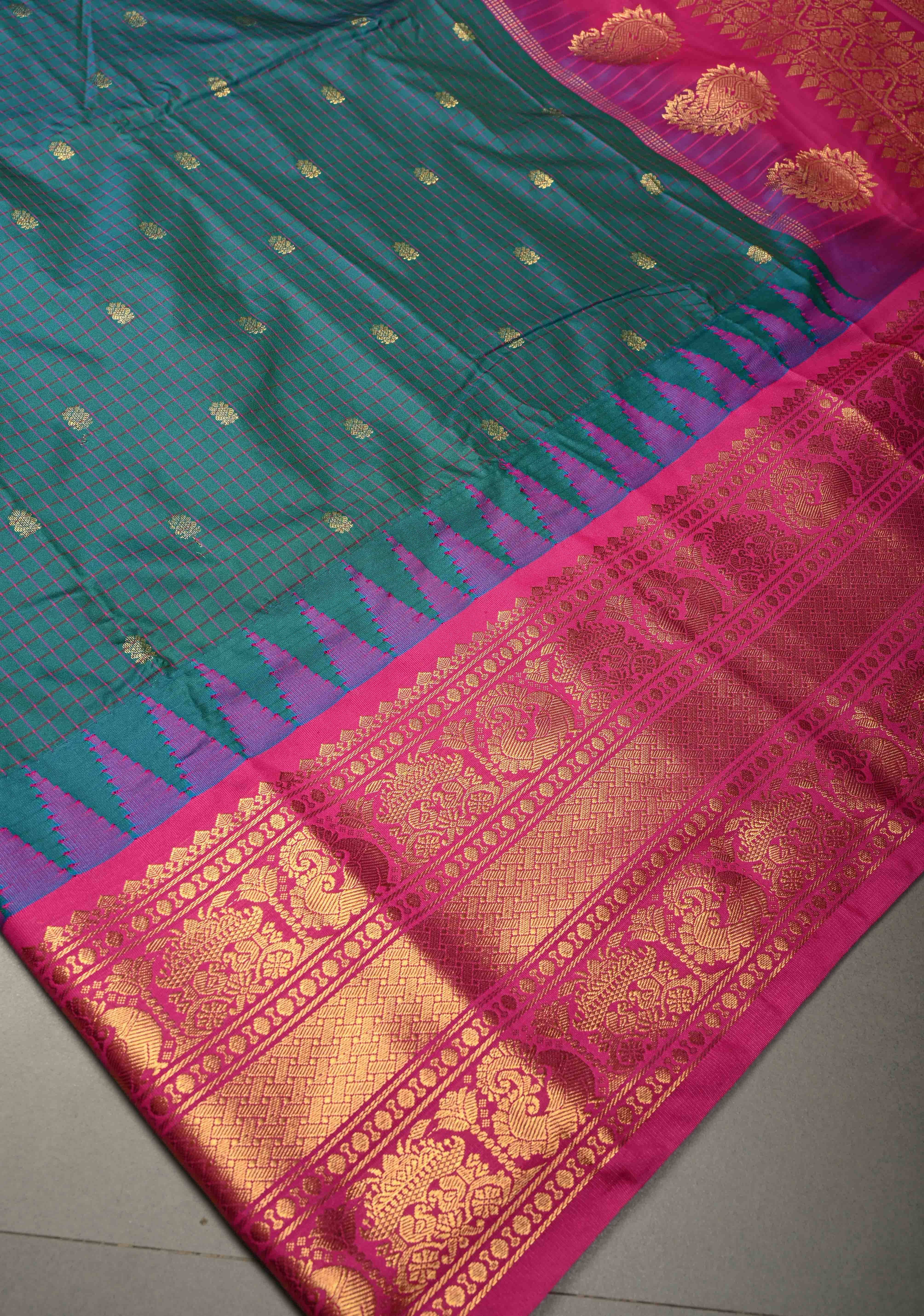 Peacock Green-Blue Dual tone Checks on Art Semi Gadwal Silk Saree with Zari Buttas and Contrast Zari Border | Shobitam