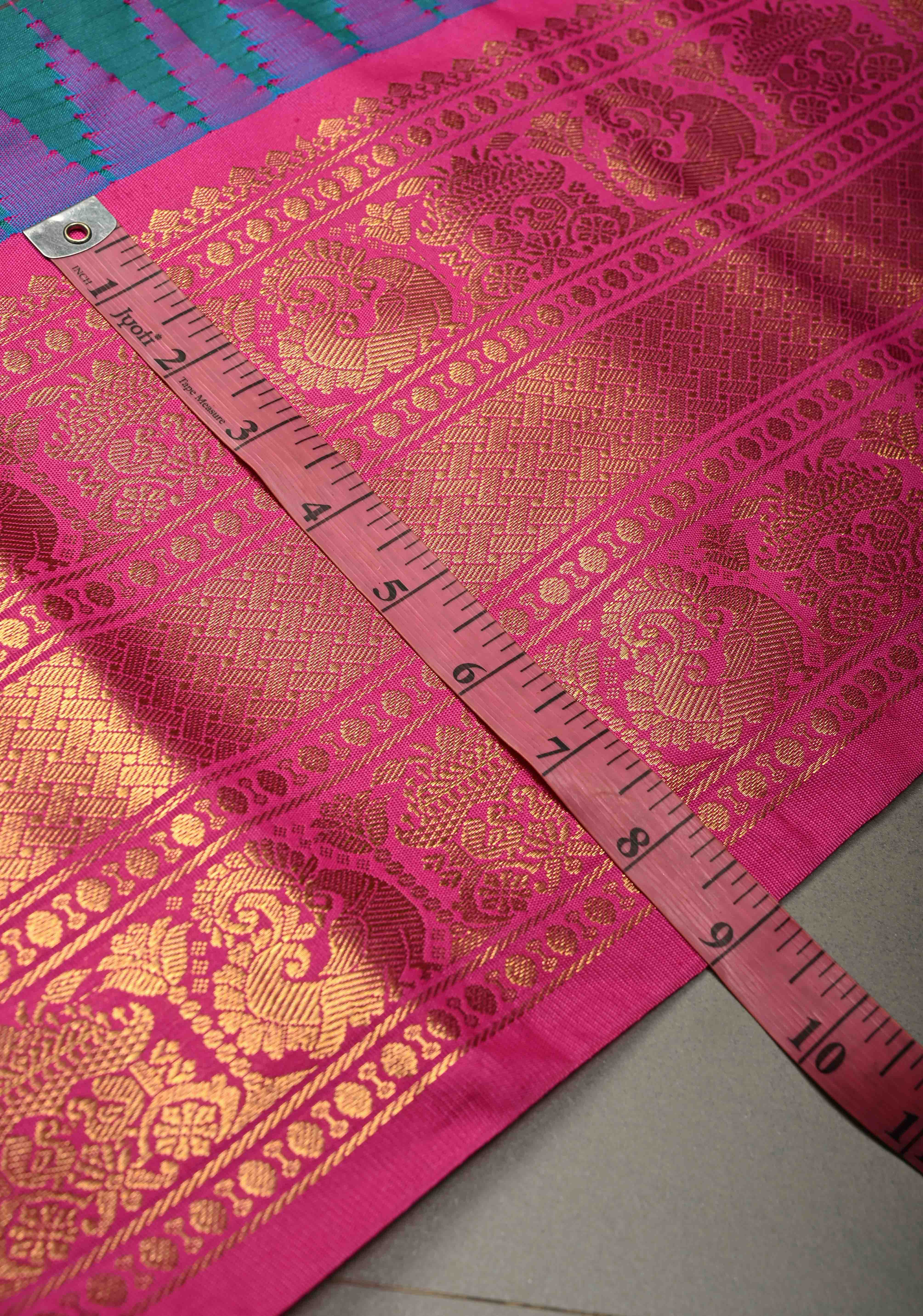 Peacock Green-Blue Dual tone Checks on Art Semi Gadwal Silk Saree with Zari Buttas and Contrast Zari Border | Shobitam