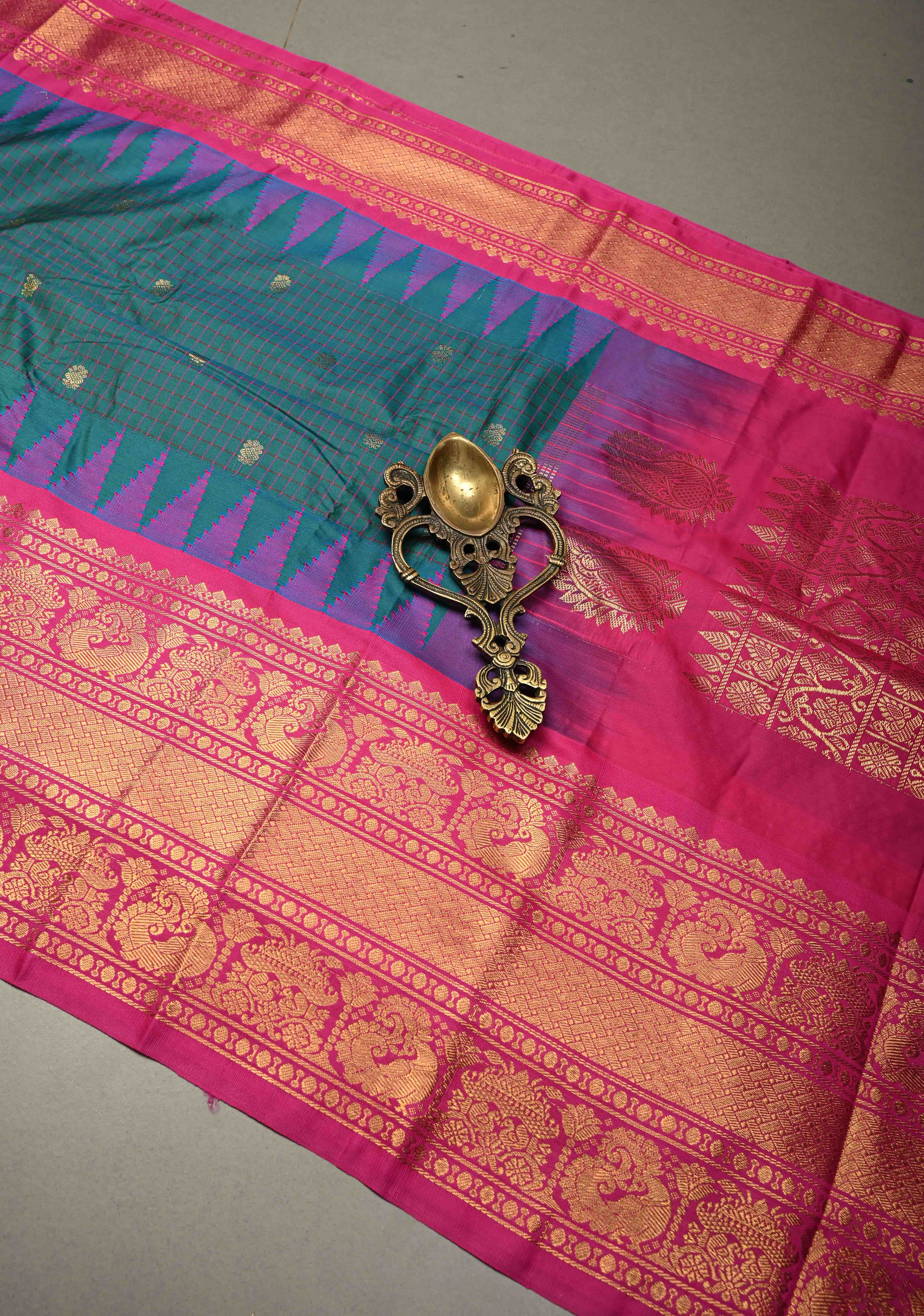 Peacock Green-Blue Dual tone Checks on Art Semi Gadwal Silk Saree with Zari Buttas and Contrast Zari Border | Shobitam
