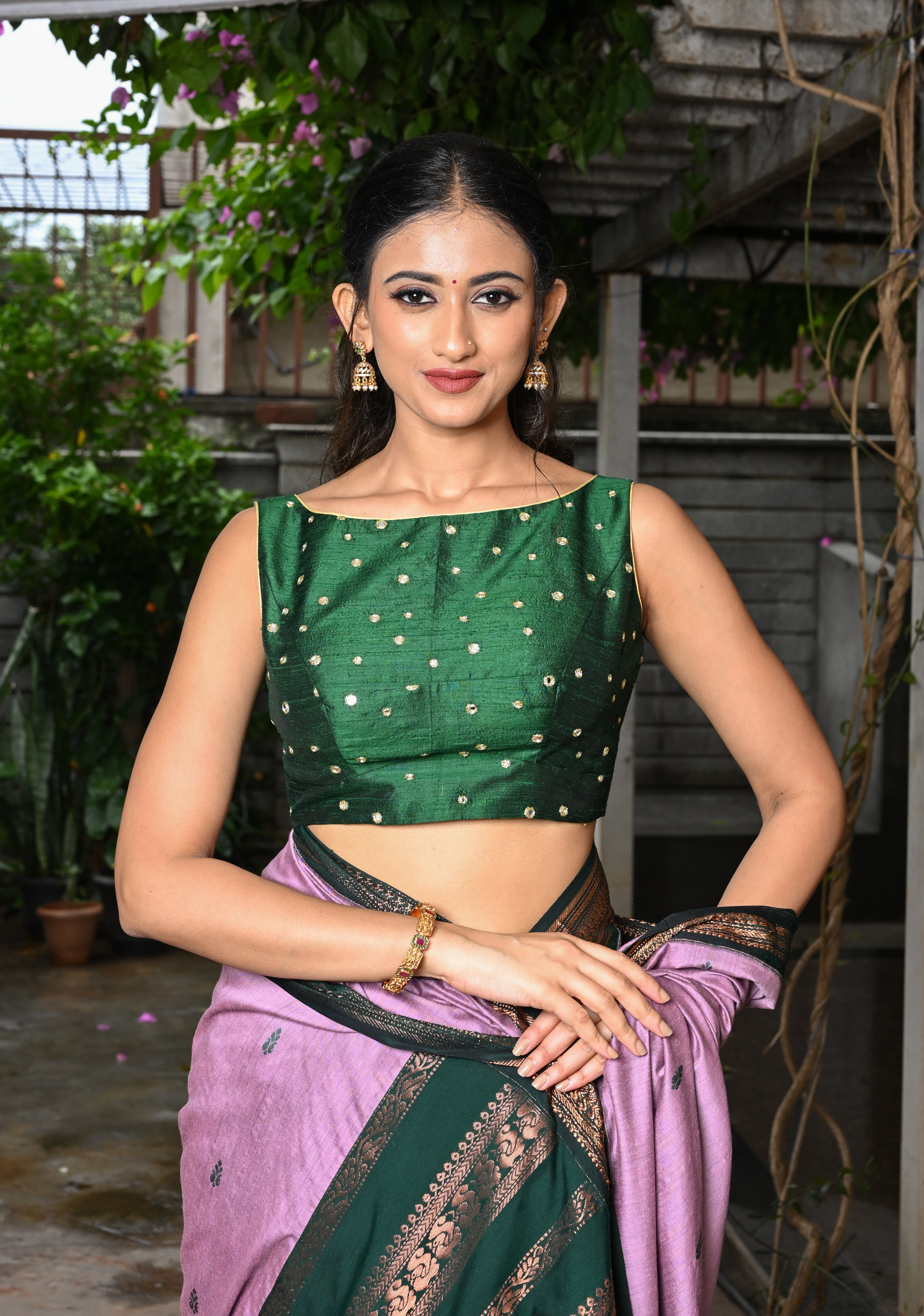 Green Pure Raw Silk Sleeveless Blouse with Boat Neck and Mirror Work, Customizable, Made to Order | Shobitam
