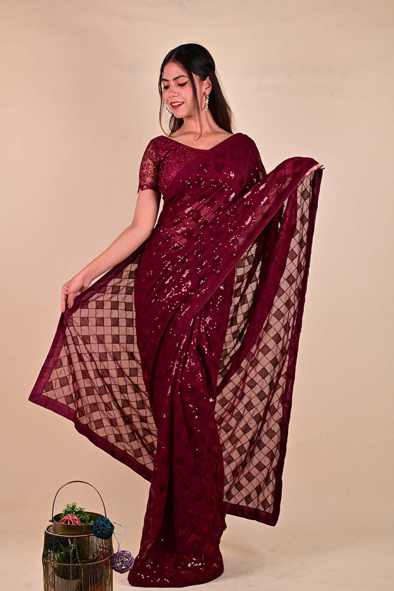 Ready To Wear Glamorous Embellished Red  sequins Work All Over Wrap in 1 minute saree - Isadora Life