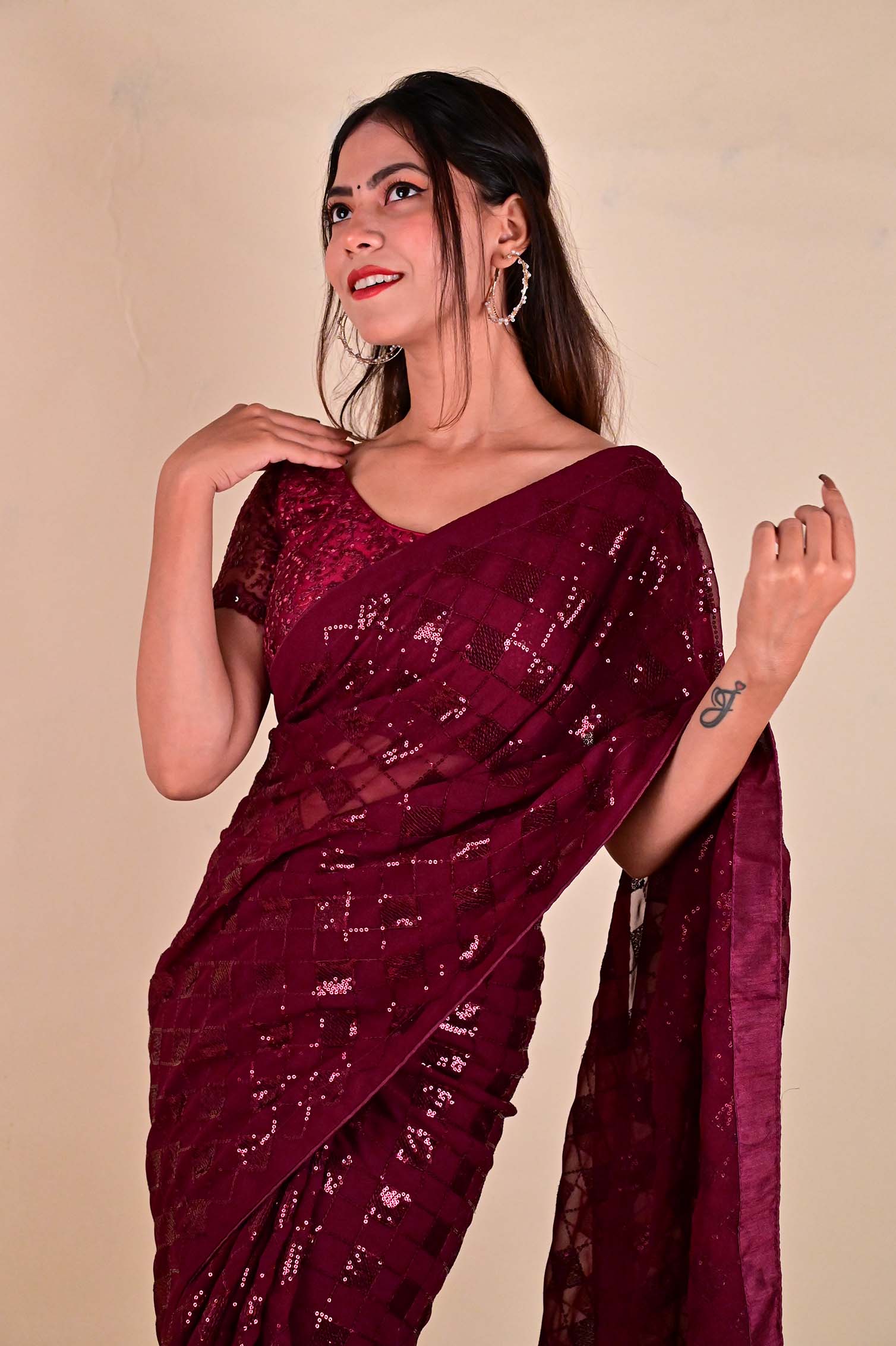 Ready To Wear Glamorous Embellished Red  sequins Work All Over Wrap in 1 minute saree - Isadora Life