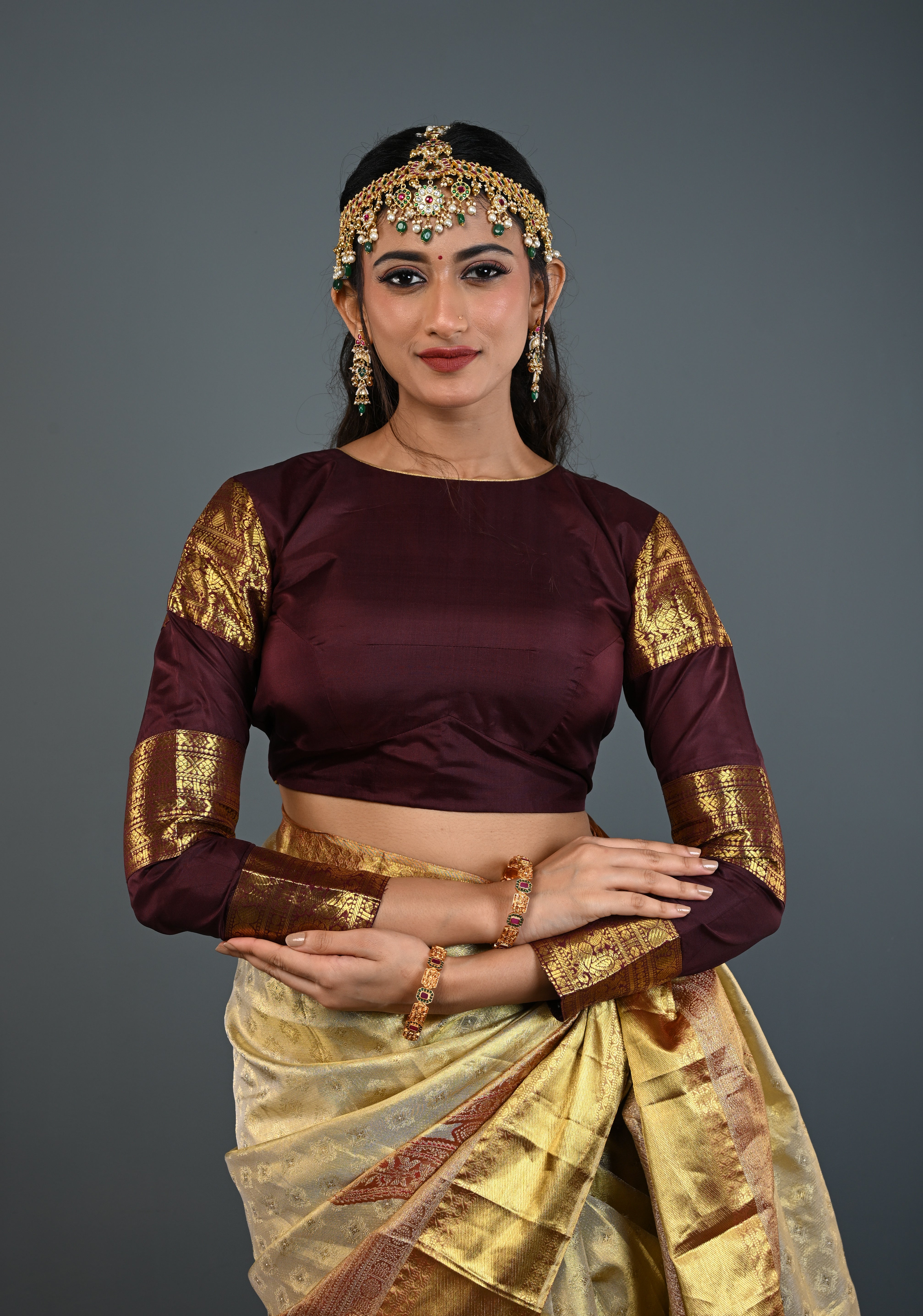 Chocolate Brown Pure Silk Blouse with 3 Zari Panels Full Sleeves and Boat Neck, Customizable, Made to Order | Shobitam